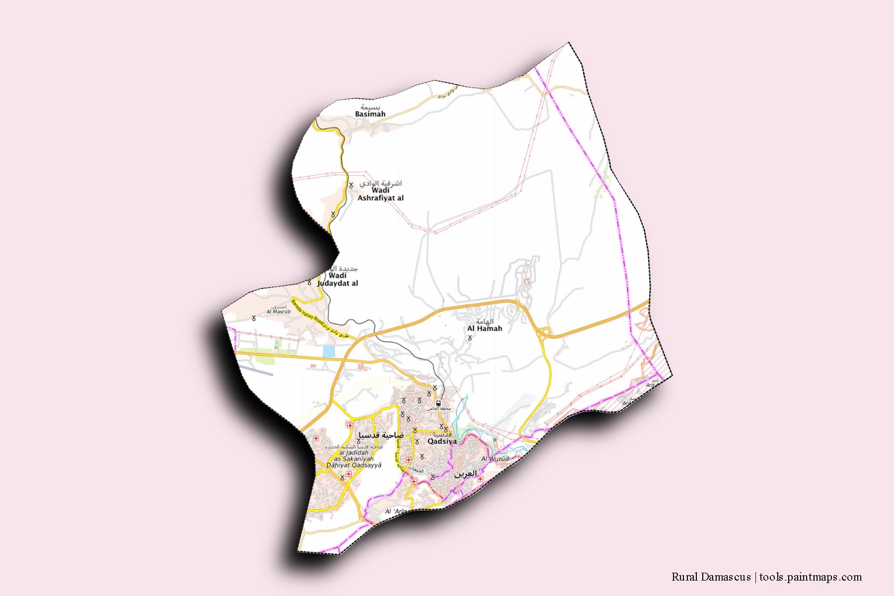 Markaz Rif Dimashq neighborhoods and villages map with 3D shadow effect