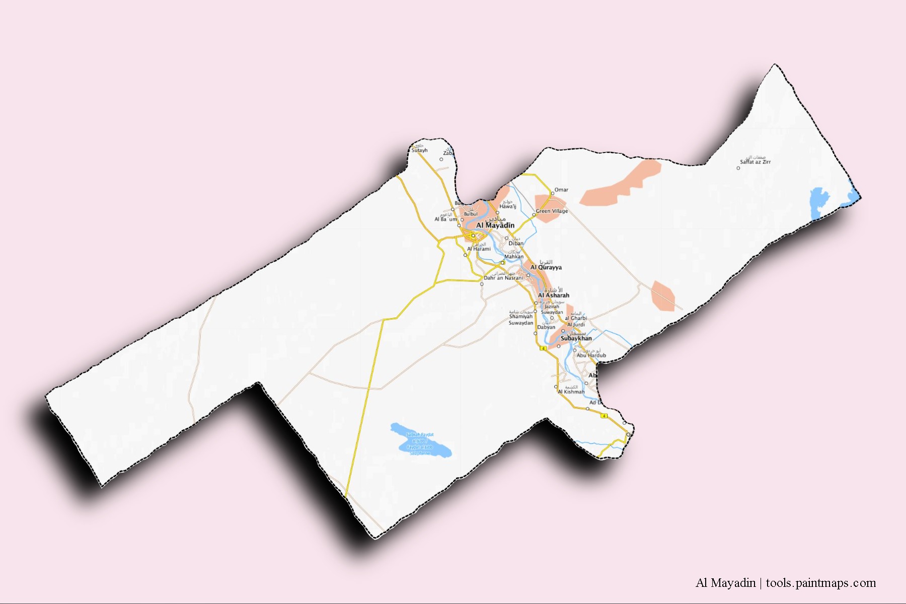 3D gölge efektli Al Mayadin mahalleleri ve köyleri haritası