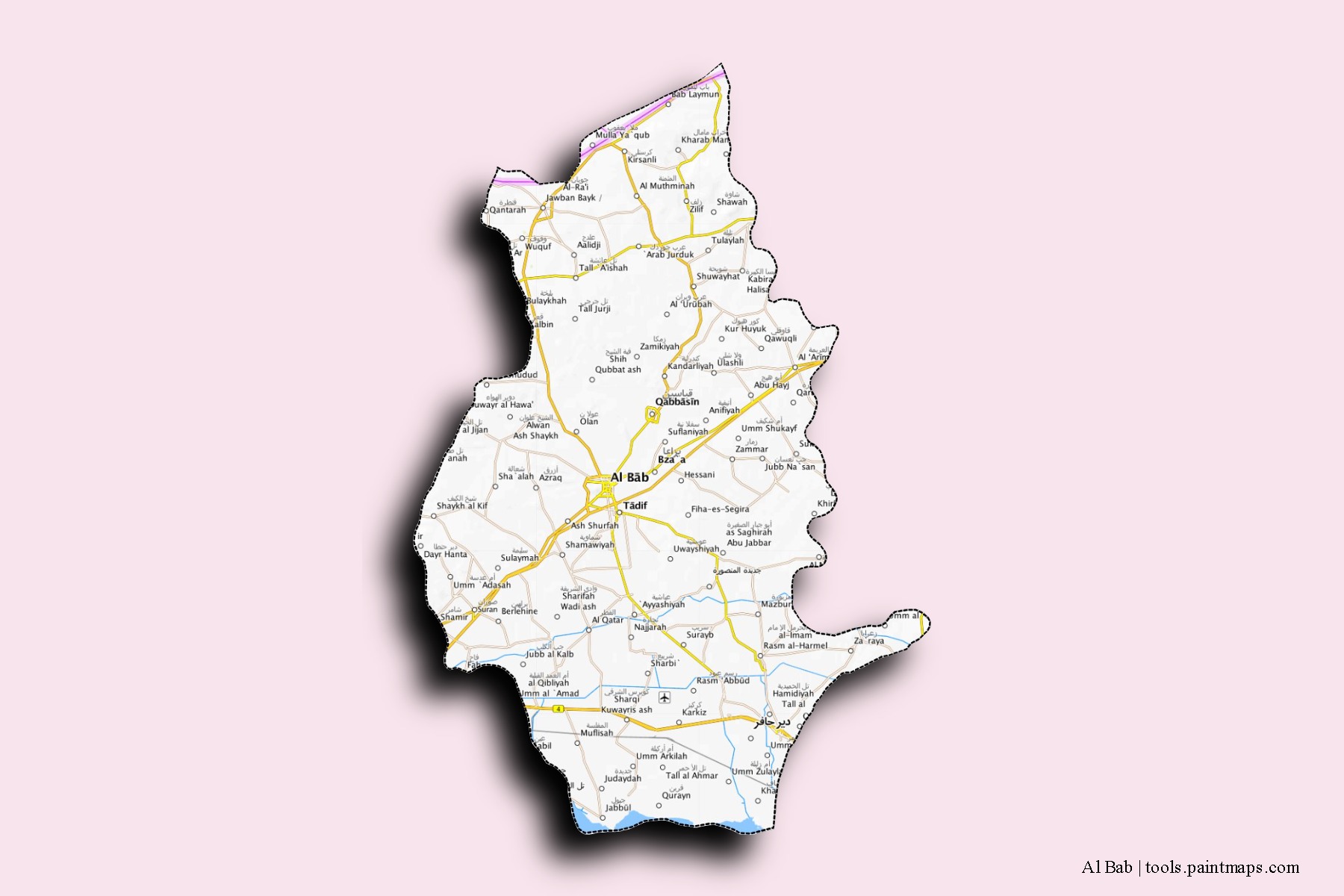 Mapa de barrios y pueblos de Al Bab con efecto de sombra 3D