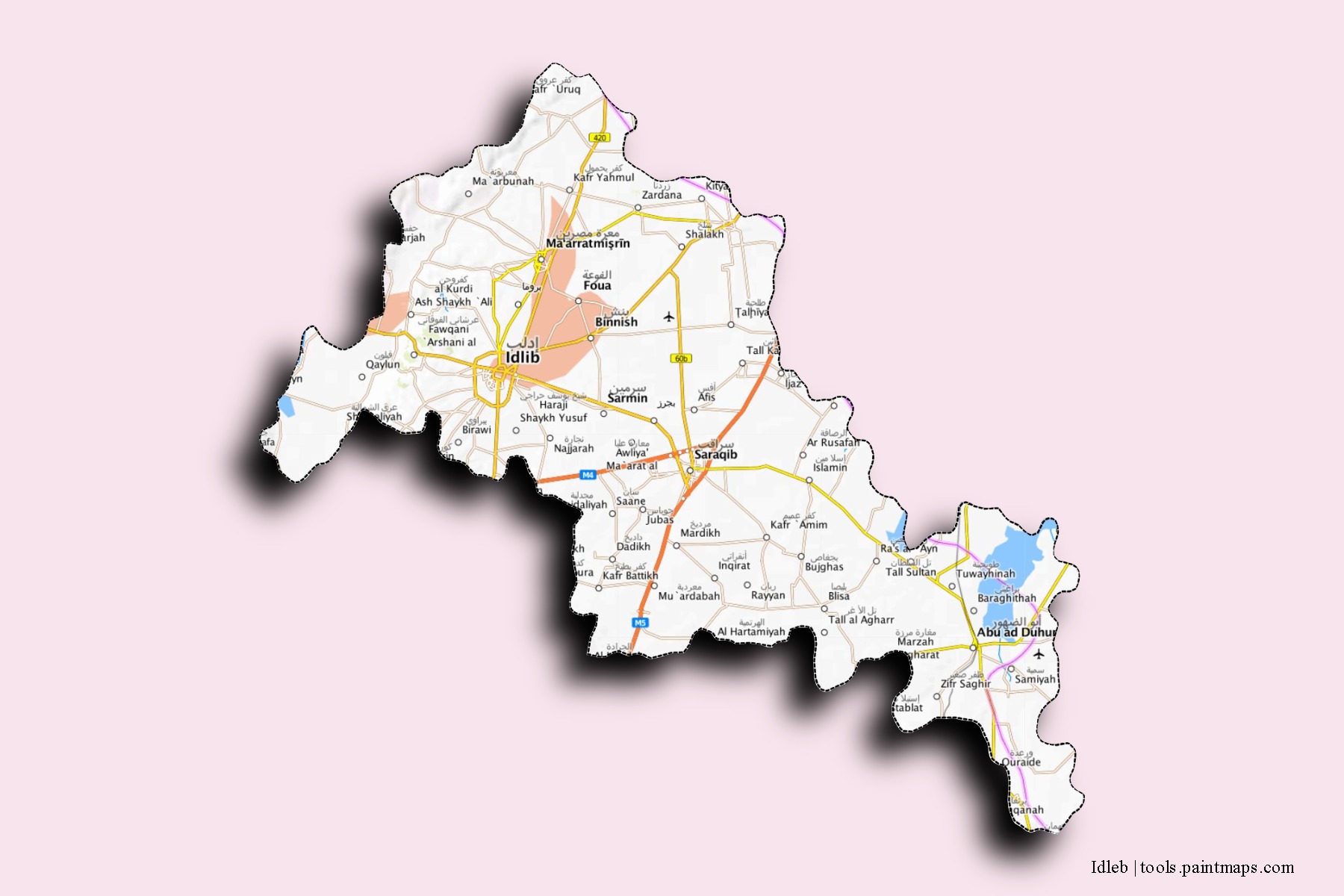 Mapa de barrios y pueblos de Idleb con efecto de sombra 3D