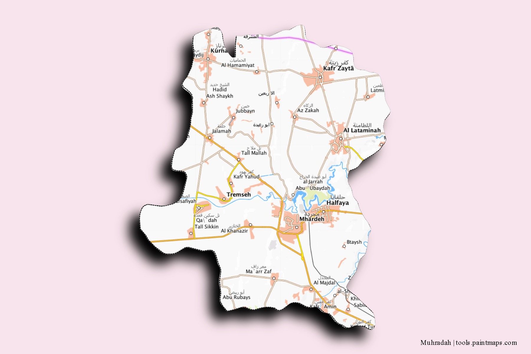 Mapa de barrios y pueblos de Muhradah con efecto de sombra 3D