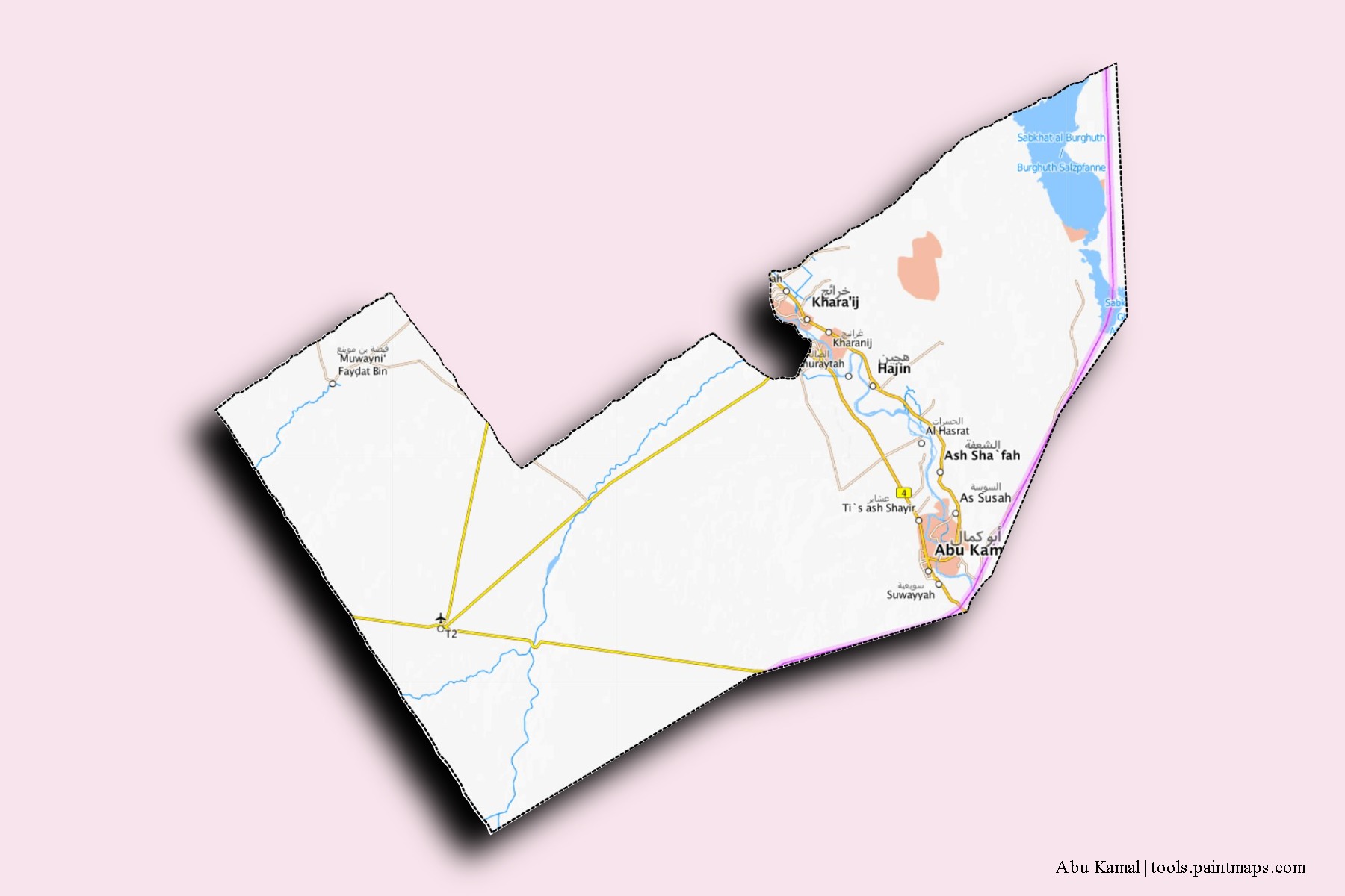 Abu-Kamal neighborhoods and villages map with 3D shadow effect