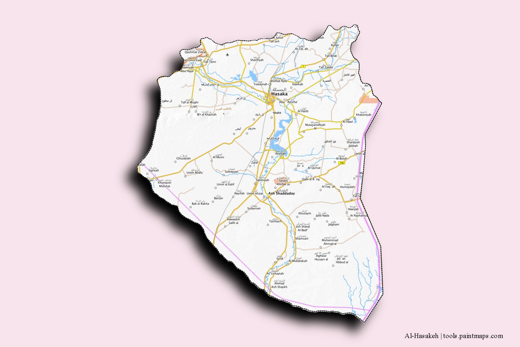 Markaz Al-Hasakah neighborhoods and villages map with 3D shadow effect