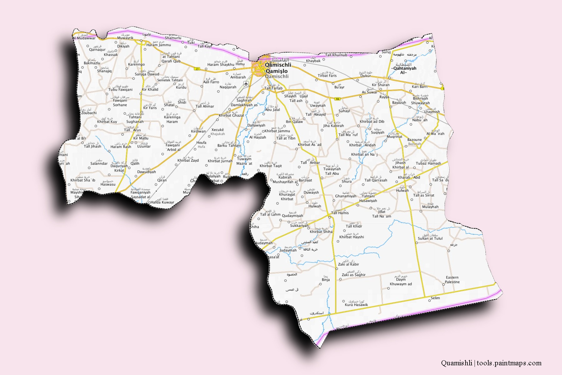 3D gölge efektli Quamishli mahalleleri ve köyleri haritası