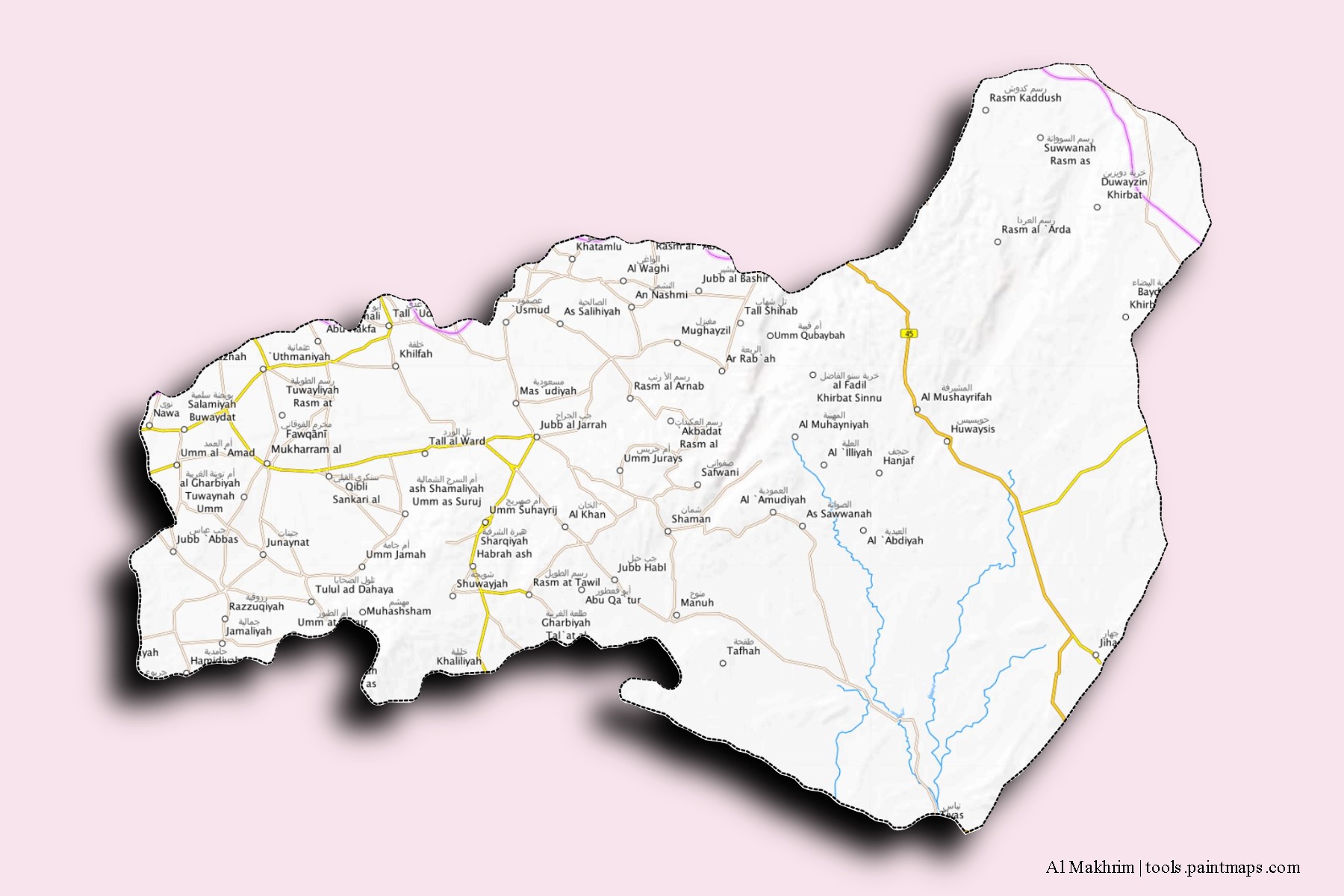 Al-Mukharram neighborhoods and villages map with 3D shadow effect