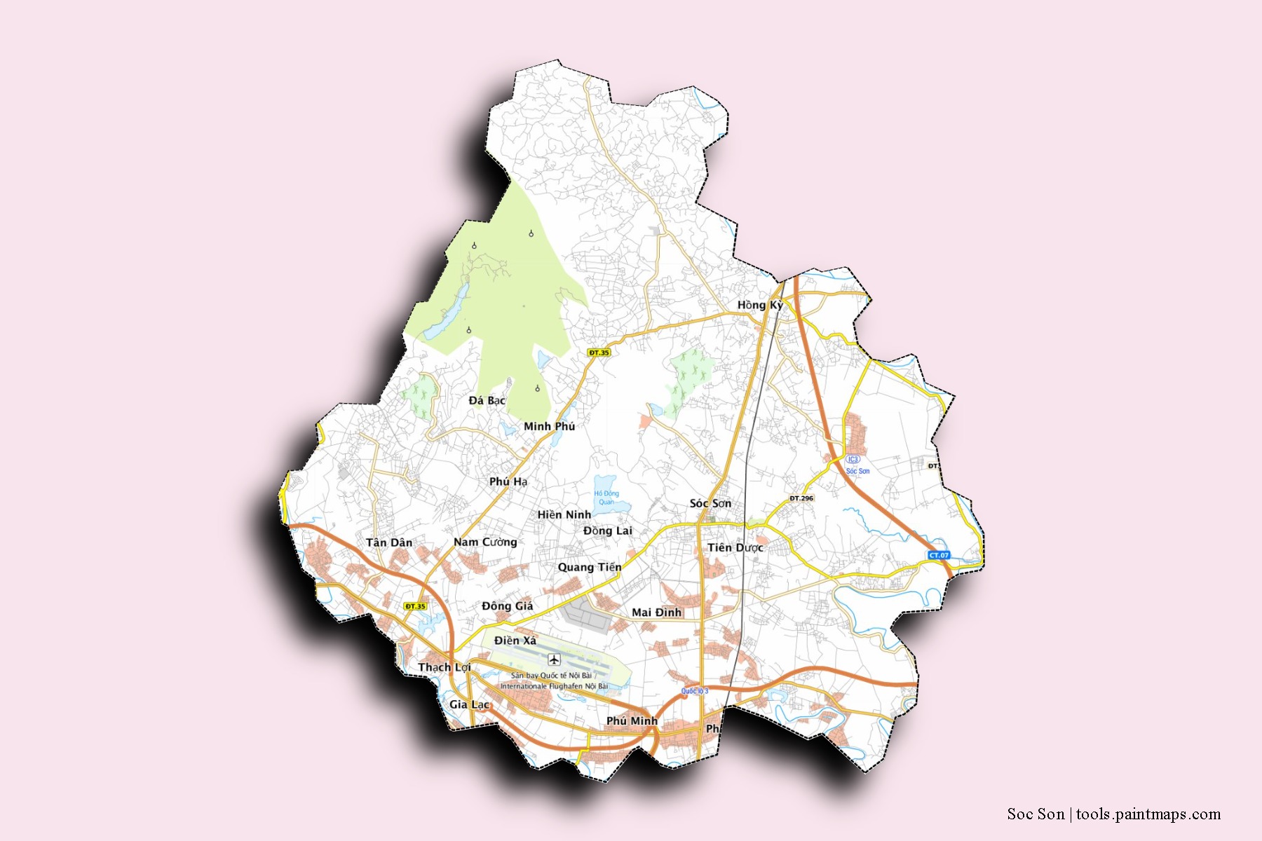 Soc Son neighborhoods and villages map with 3D shadow effect