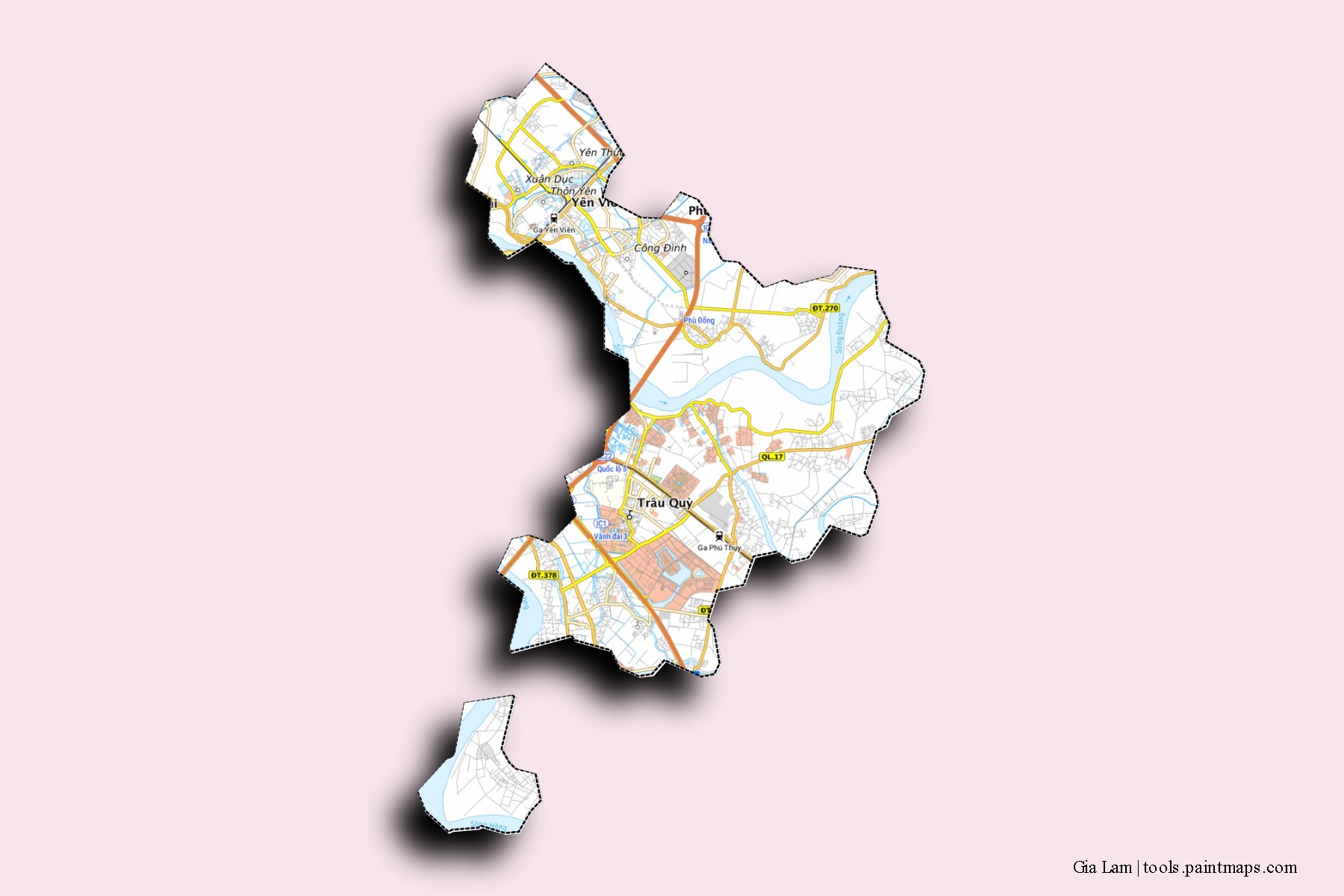 Mapa de barrios y pueblos de Gia Lam con efecto de sombra 3D