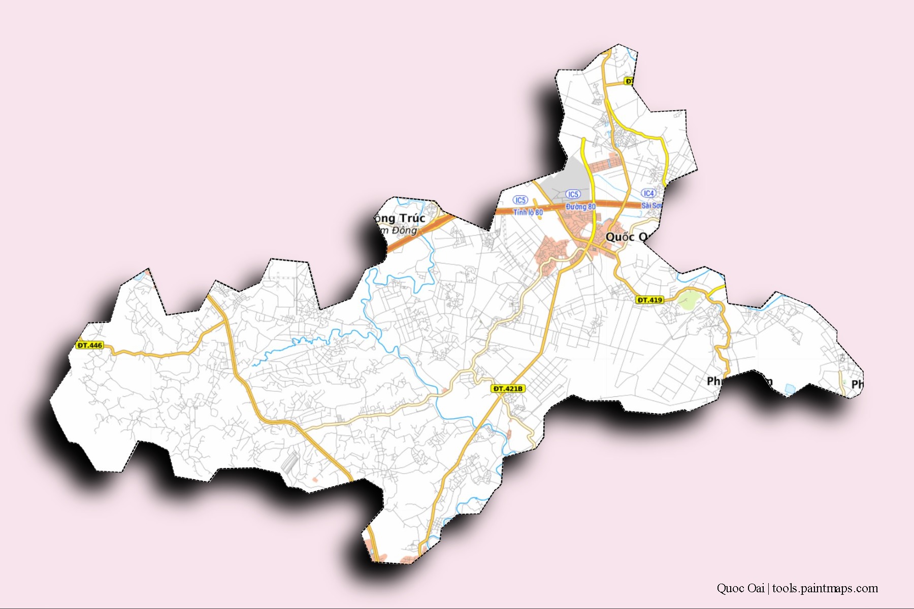 Quoc Oai neighborhoods and villages map with 3D shadow effect