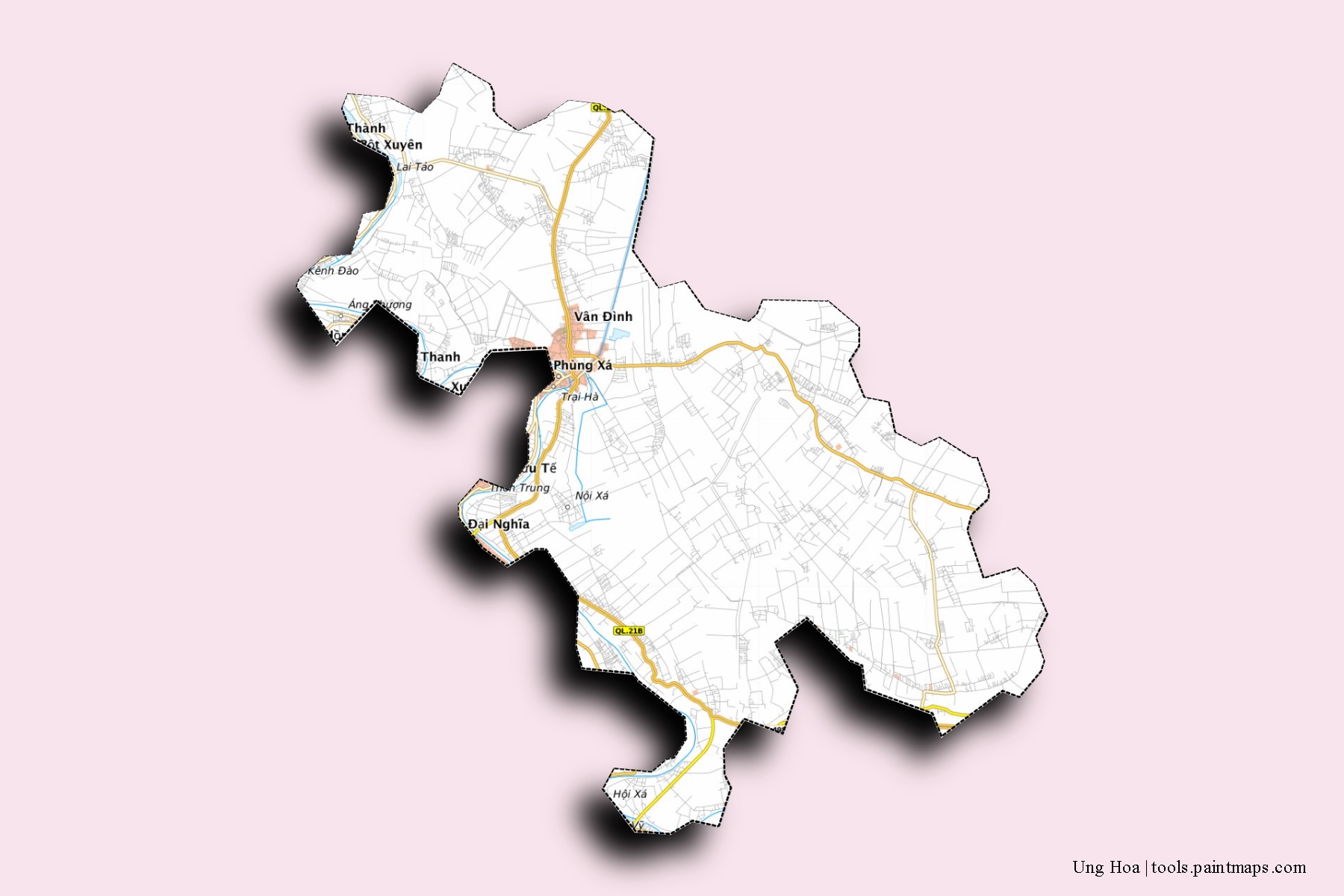 Mapa de barrios y pueblos de Ung Hoa con efecto de sombra 3D