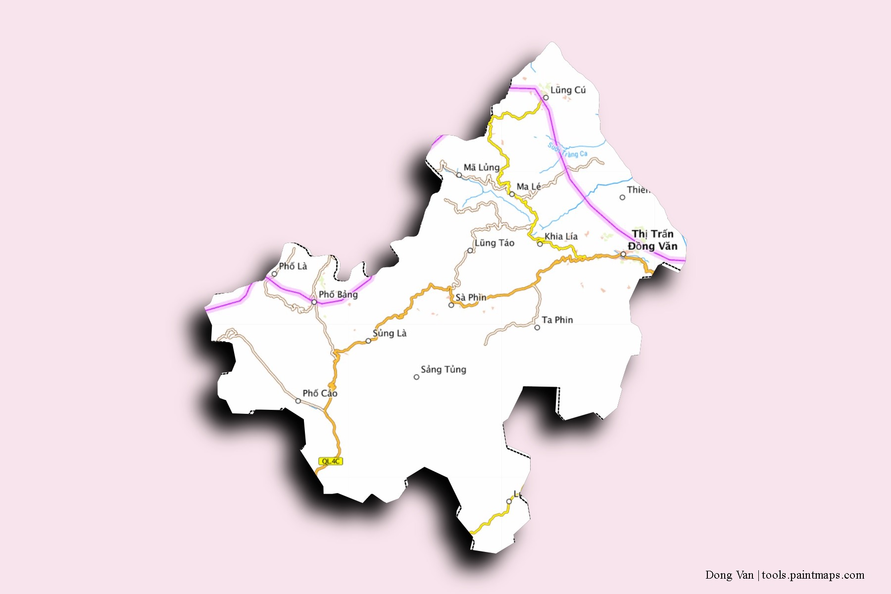 Mapa de barrios y pueblos de Dong Van con efecto de sombra 3D