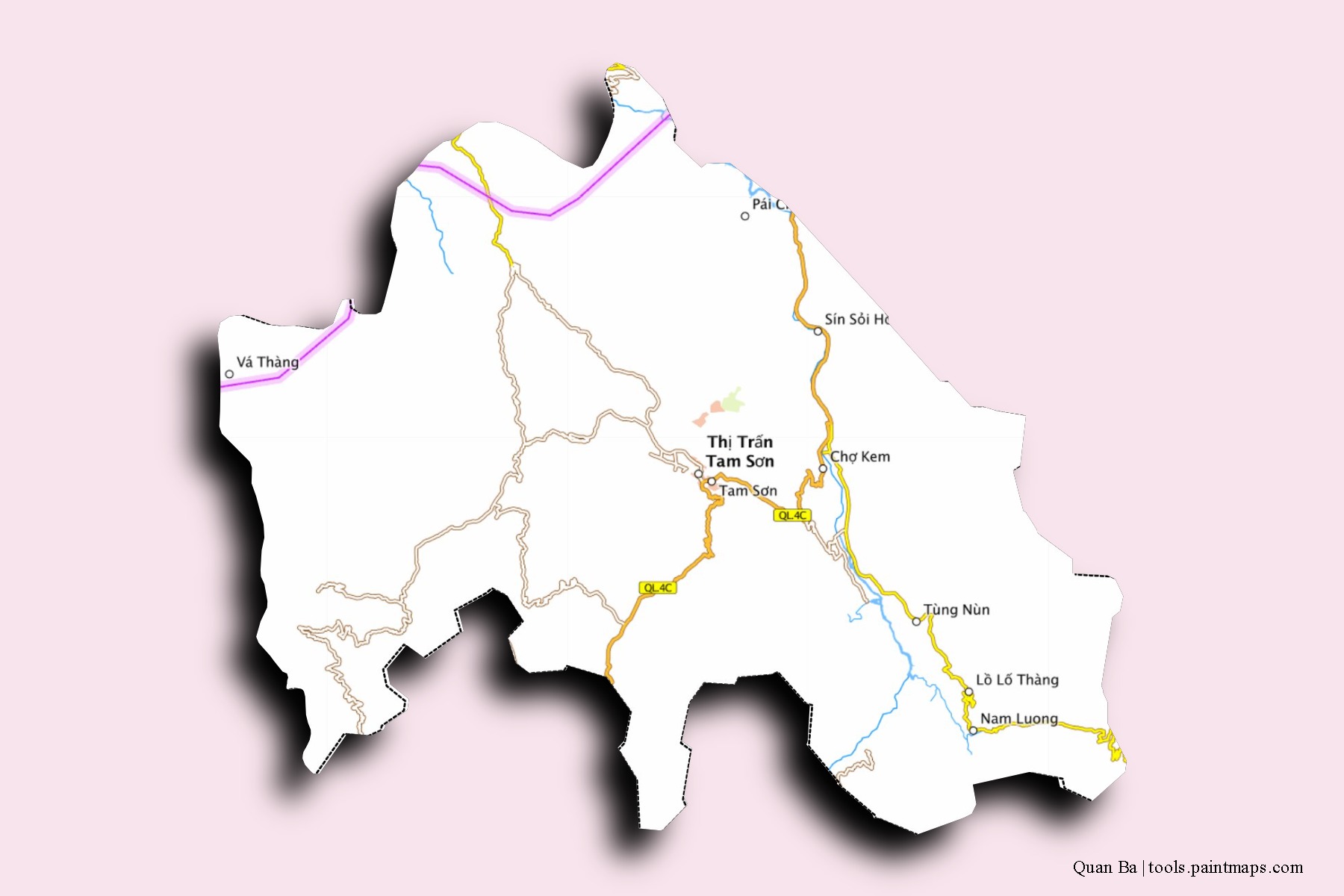 Mapa de barrios y pueblos de Quan Ba con efecto de sombra 3D