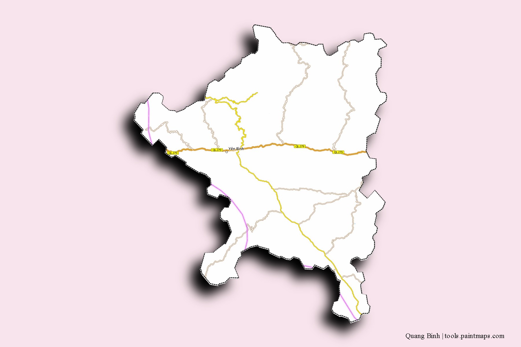 Mapa de barrios y pueblos de Quang Binh con efecto de sombra 3D