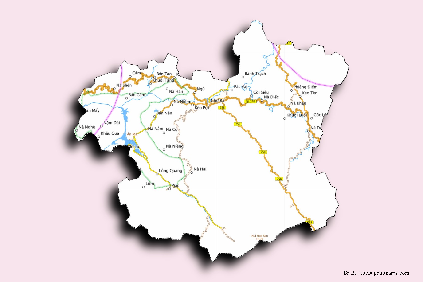 Mapa de barrios y pueblos de Ba Be con efecto de sombra 3D