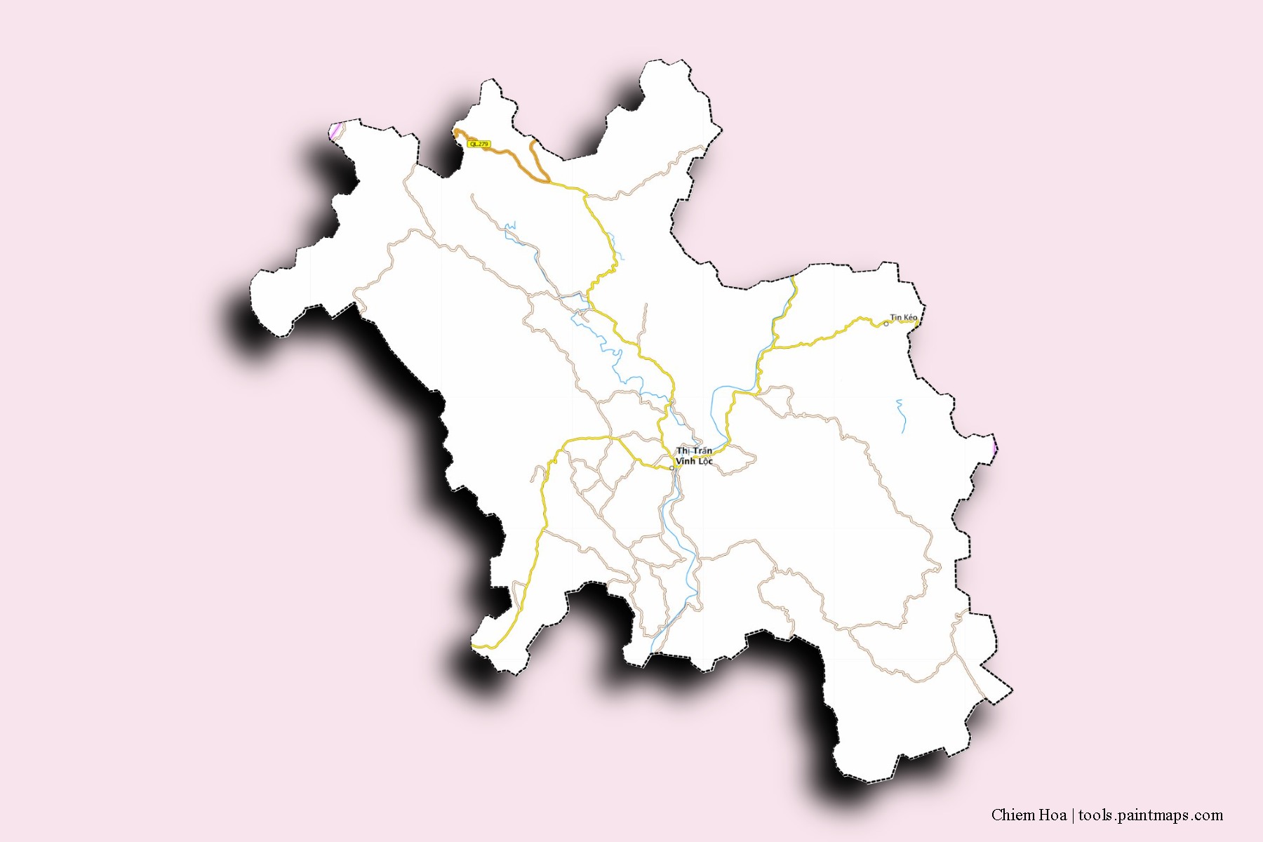 Mapa de barrios y pueblos de Chiem Hoa con efecto de sombra 3D