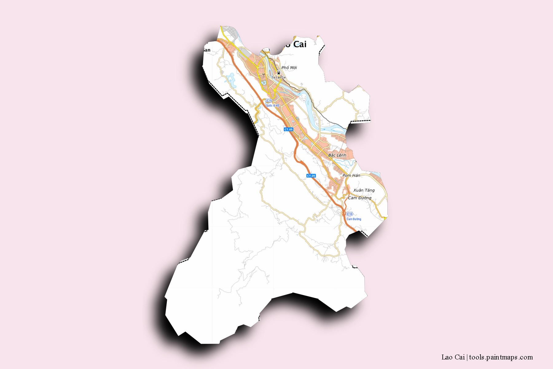 Mapa de barrios y pueblos de Lao Cai con efecto de sombra 3D