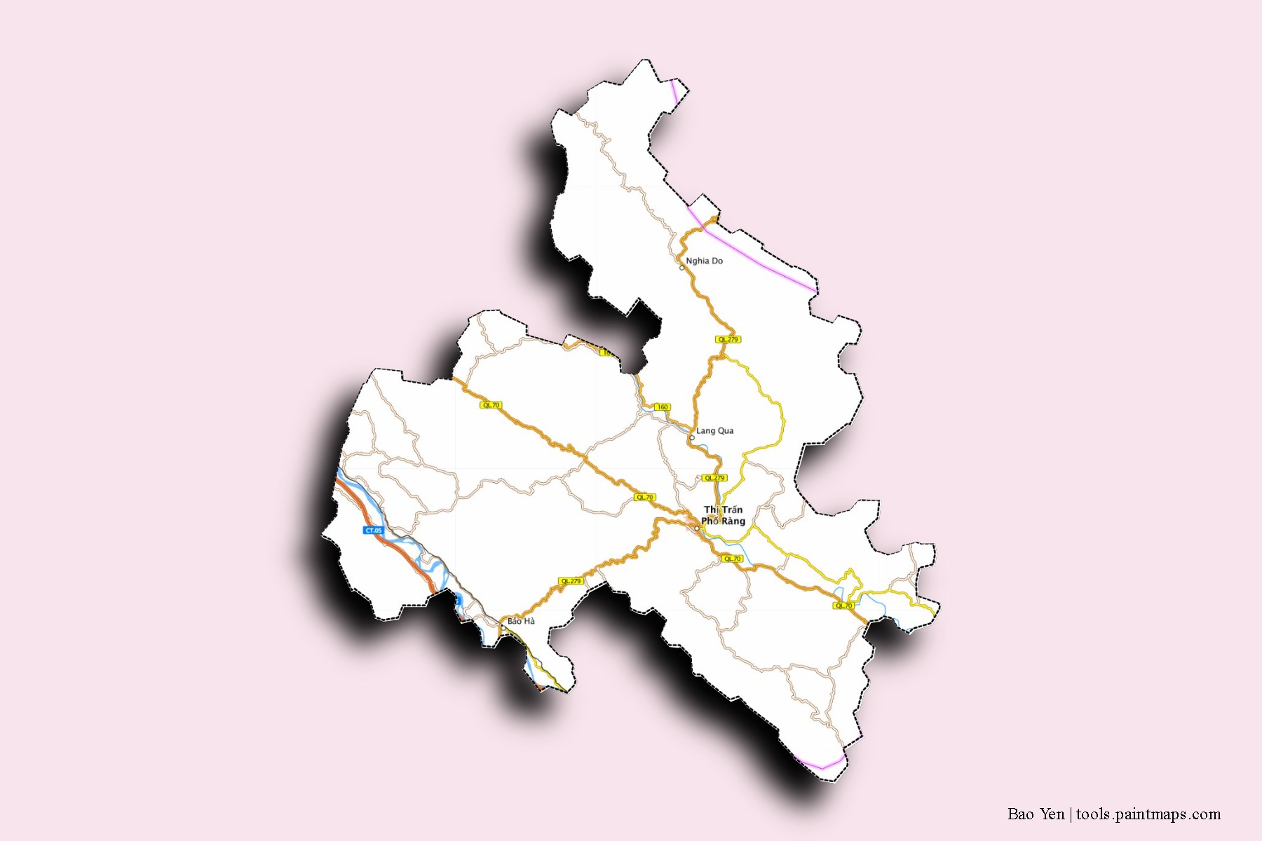 Mapa de barrios y pueblos de Bao Yen con efecto de sombra 3D