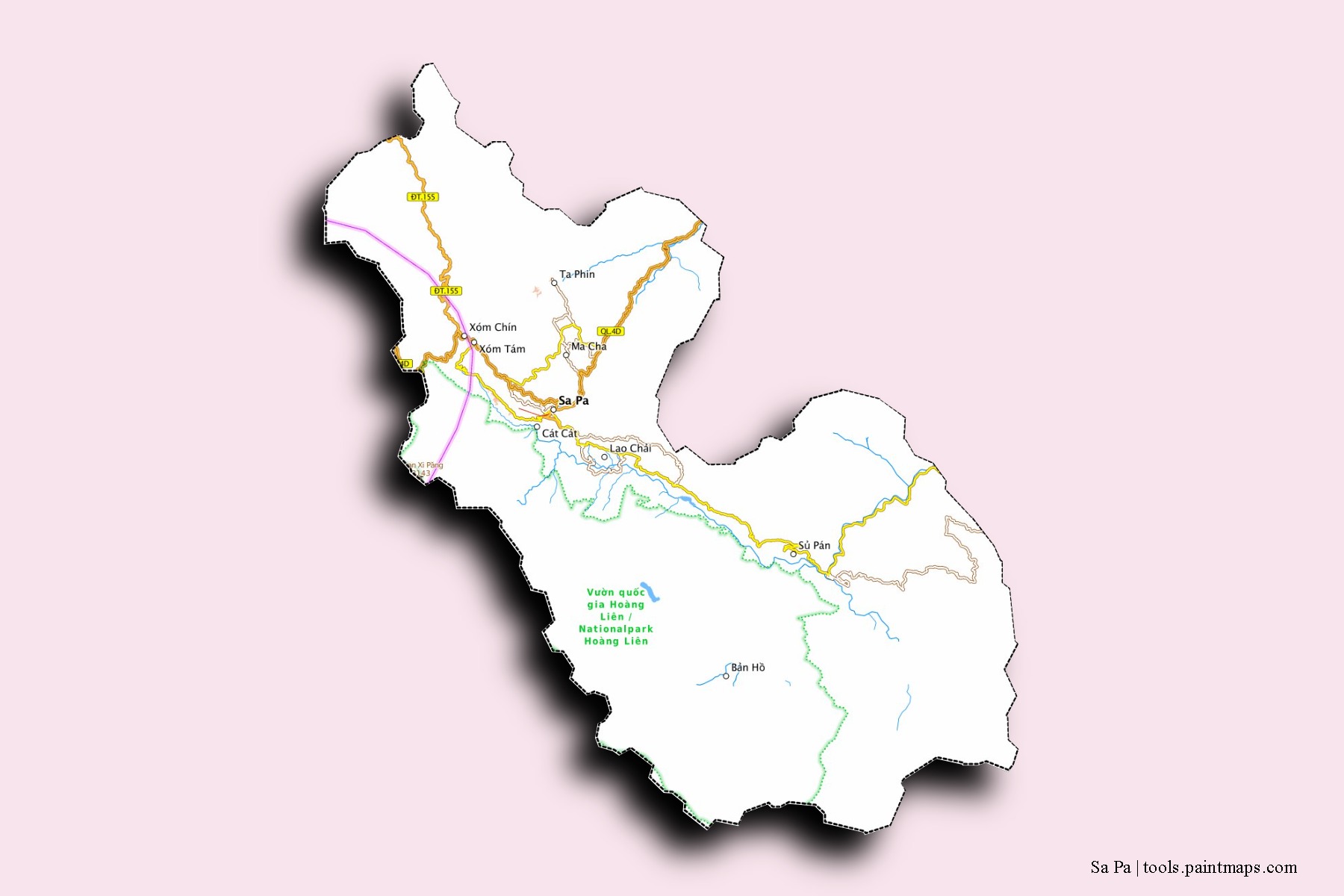 Mapa de barrios y pueblos de Sa Pa con efecto de sombra 3D