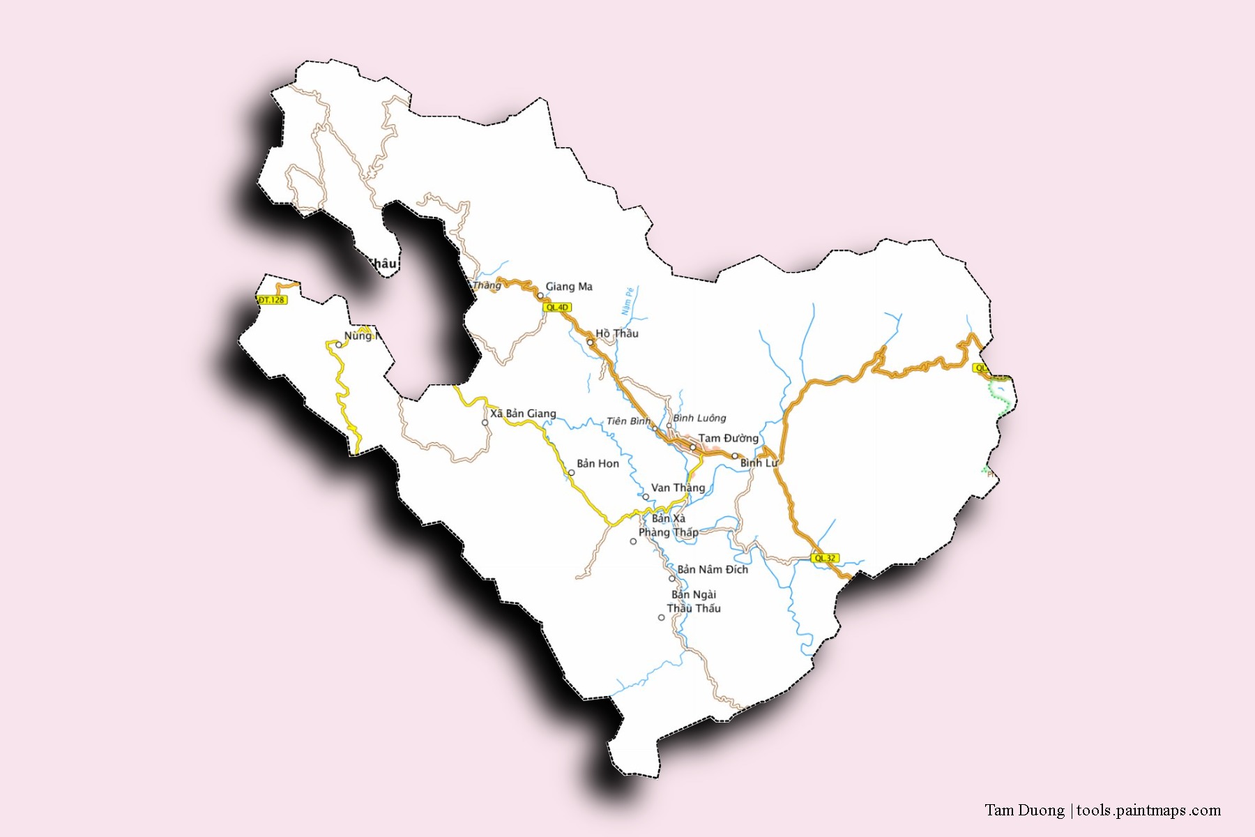 Mapa de barrios y pueblos de Tam Duong con efecto de sombra 3D