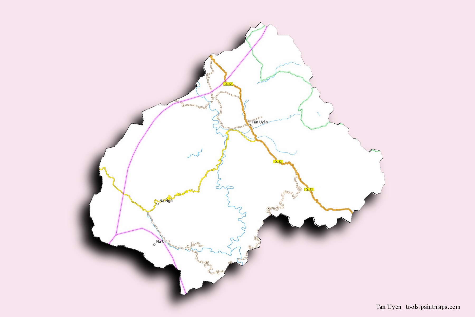 Mapa de barrios y pueblos de Tan Uyen con efecto de sombra 3D