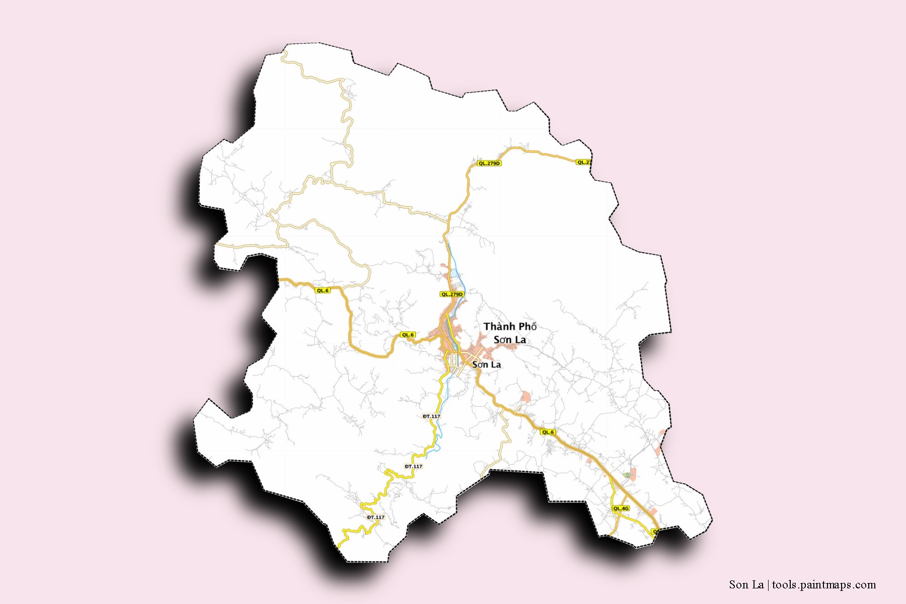 Mapa de barrios y pueblos de Son La con efecto de sombra 3D