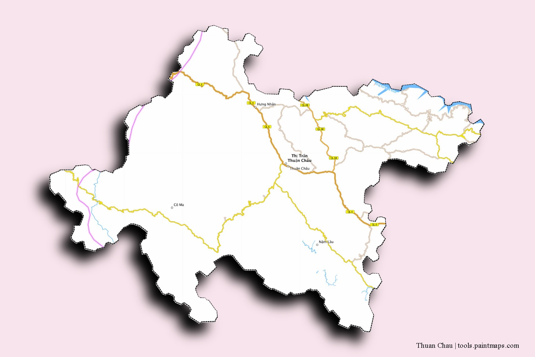 Mapa de barrios y pueblos de Thuan Chau con efecto de sombra 3D