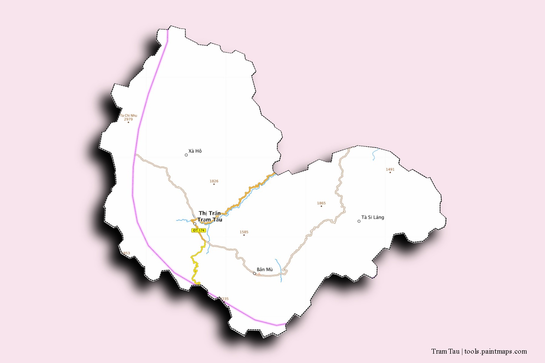 Mapa de barrios y pueblos de Tram Tau con efecto de sombra 3D