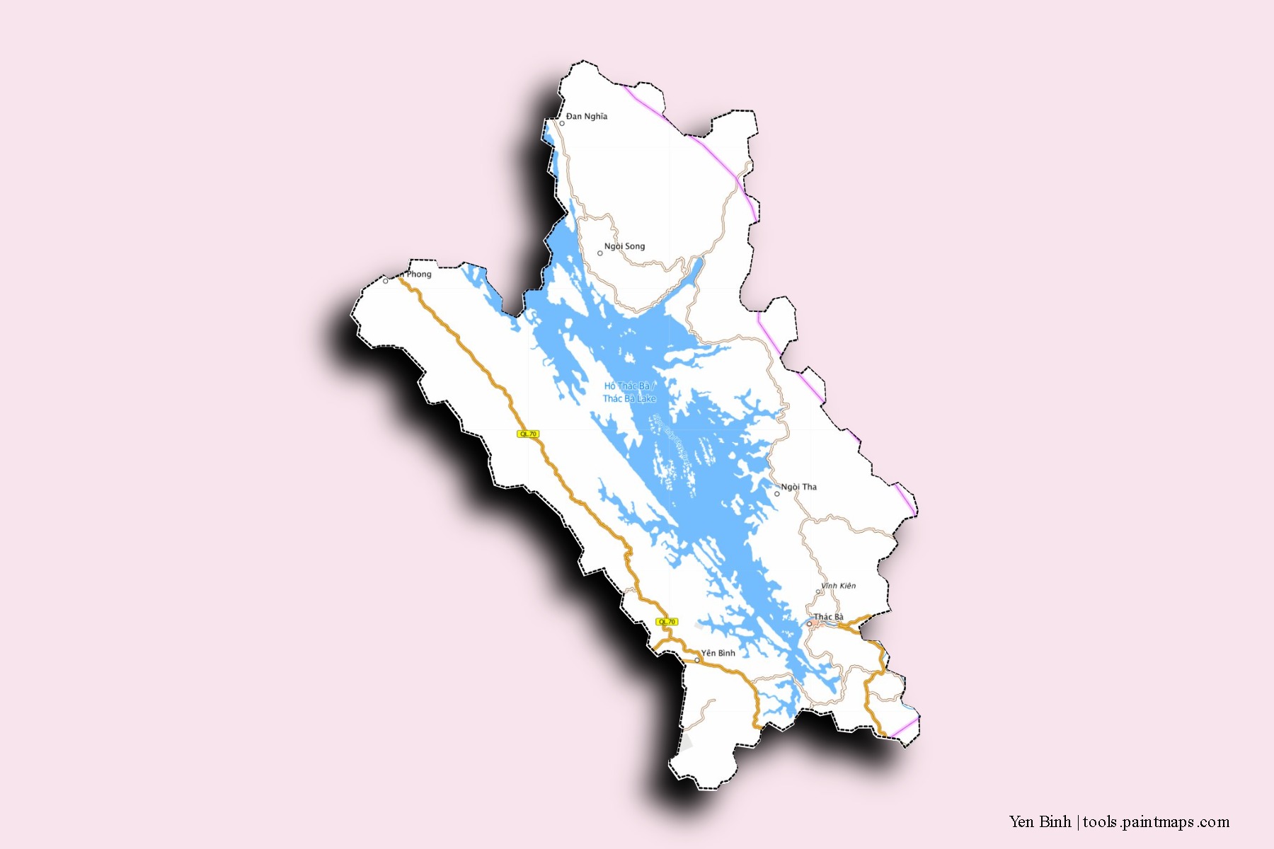 Mapa de barrios y pueblos de Yen Binh con efecto de sombra 3D