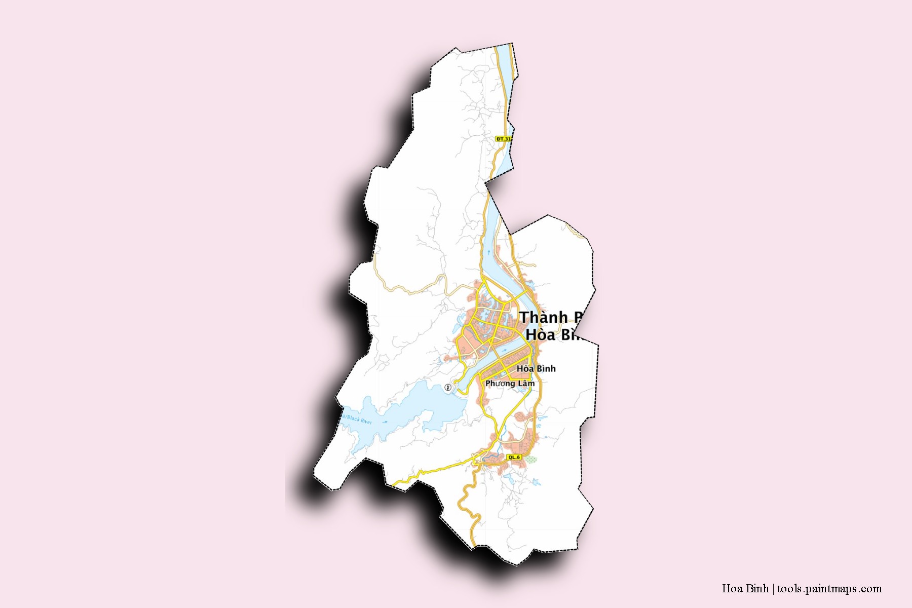 Hoa Binh neighborhoods and villages map with 3D shadow effect