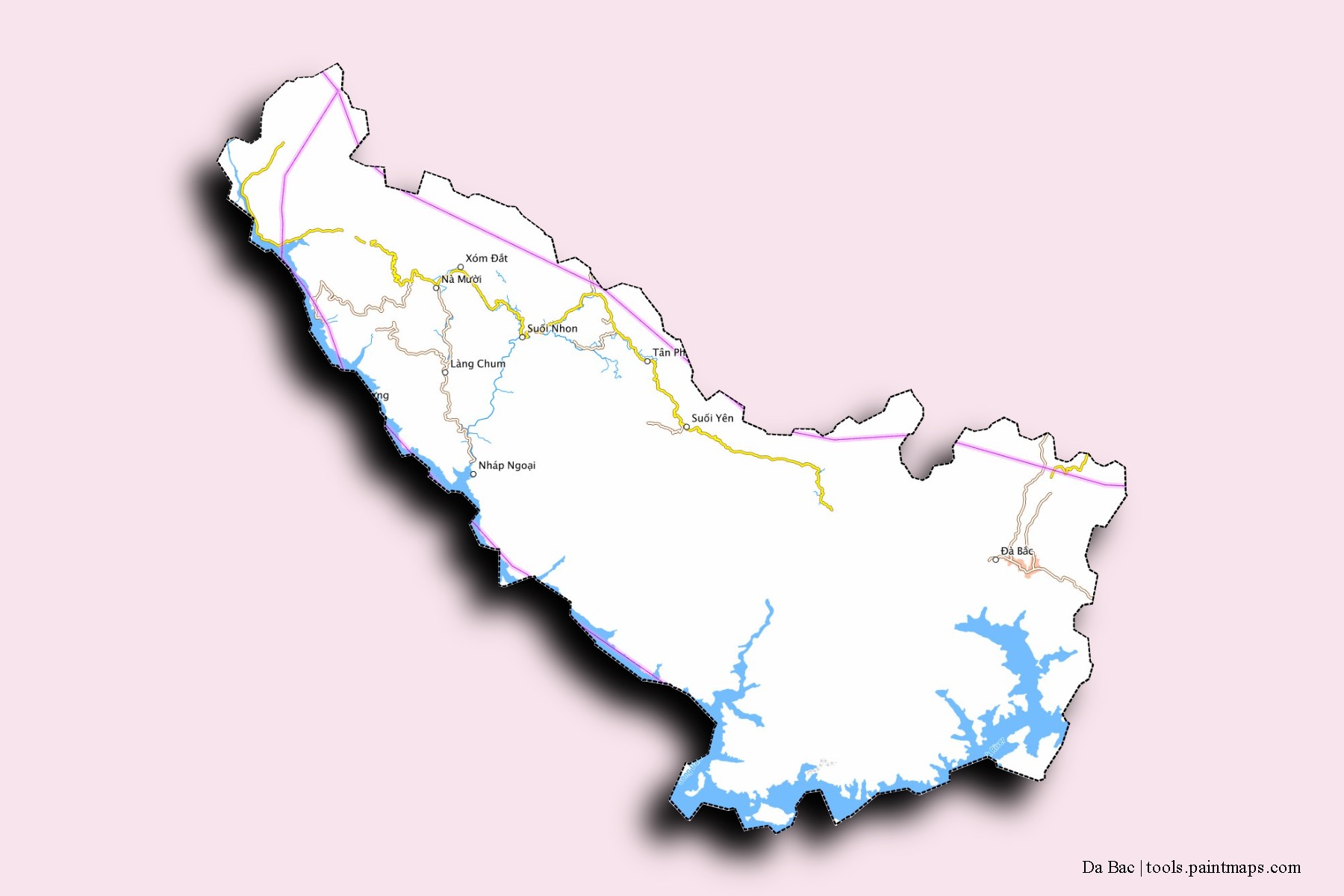 Mapa de barrios y pueblos de Da Bac con efecto de sombra 3D