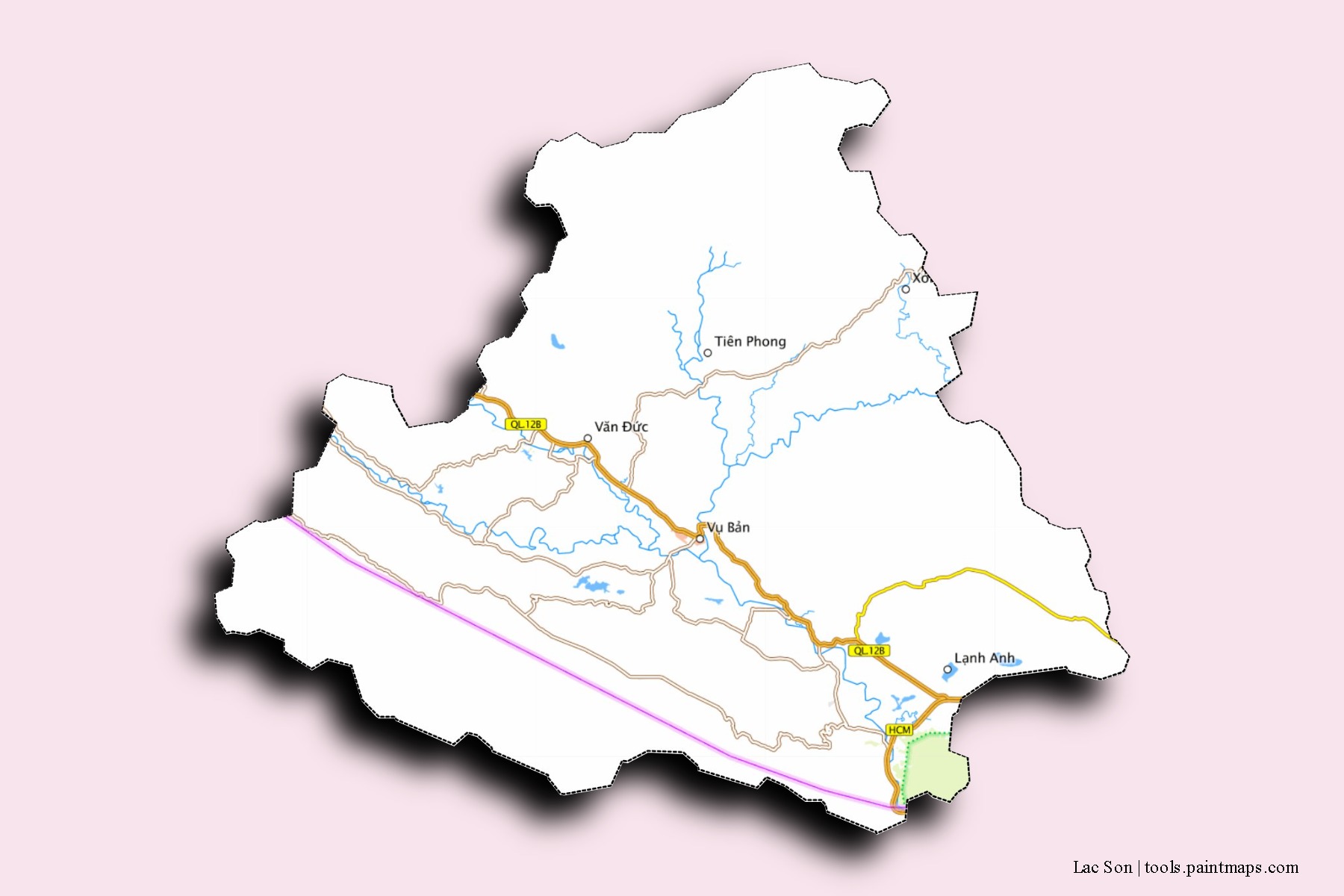 Lac Son neighborhoods and villages map with 3D shadow effect