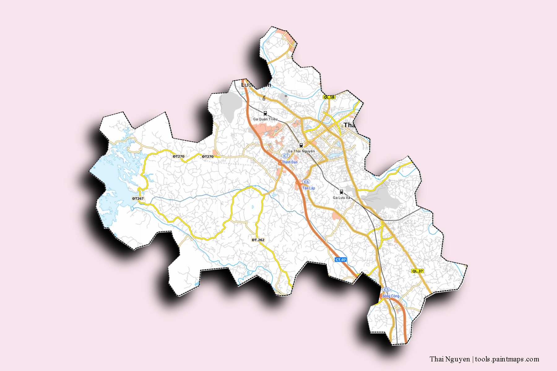 Thai Nguyen neighborhoods and villages map with 3D shadow effect