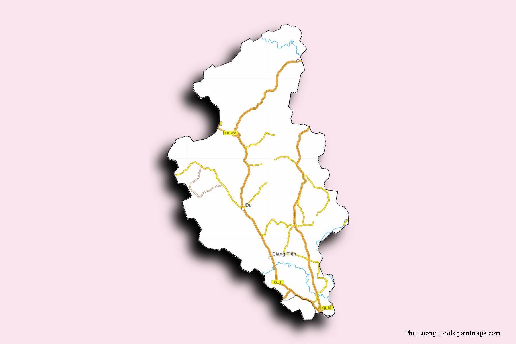 Mapa de barrios y pueblos de Phu Luong con efecto de sombra 3D