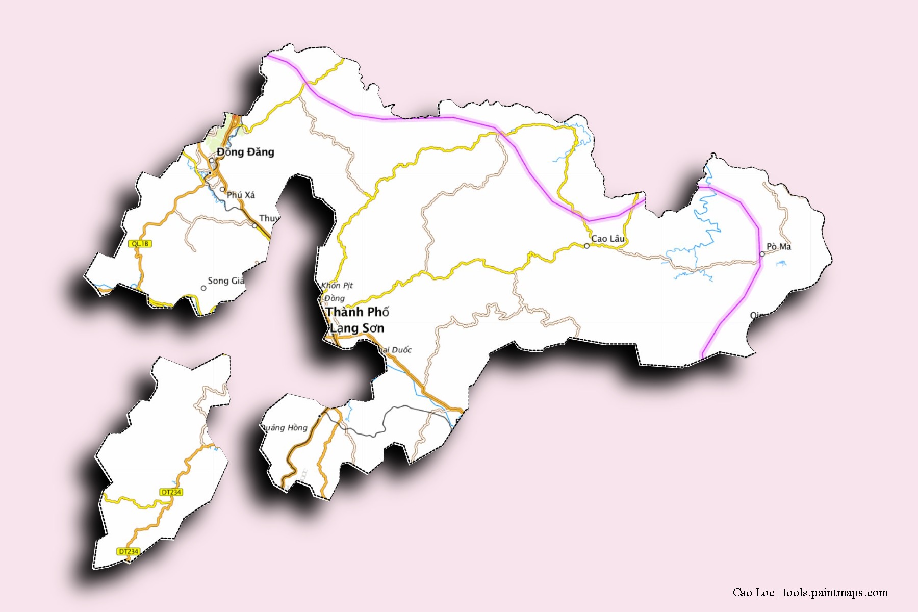 Cao Loc neighborhoods and villages map with 3D shadow effect