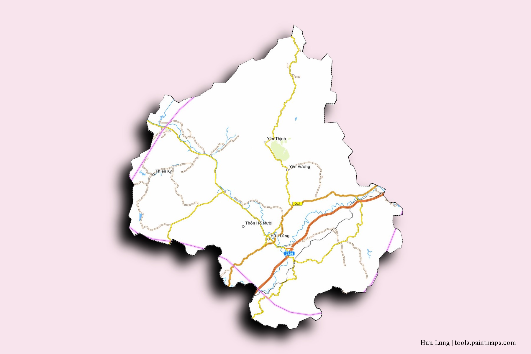 Huu Lung neighborhoods and villages map with 3D shadow effect