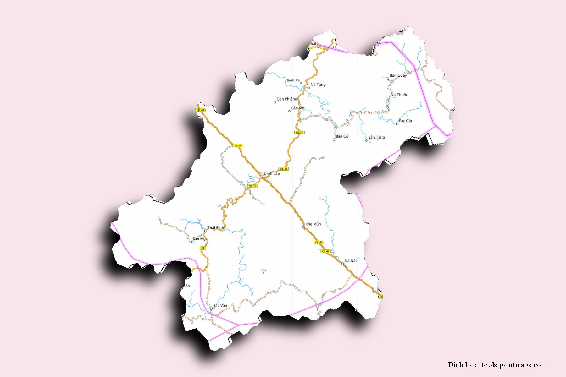 Mapa de barrios y pueblos de Dinh Lap con efecto de sombra 3D