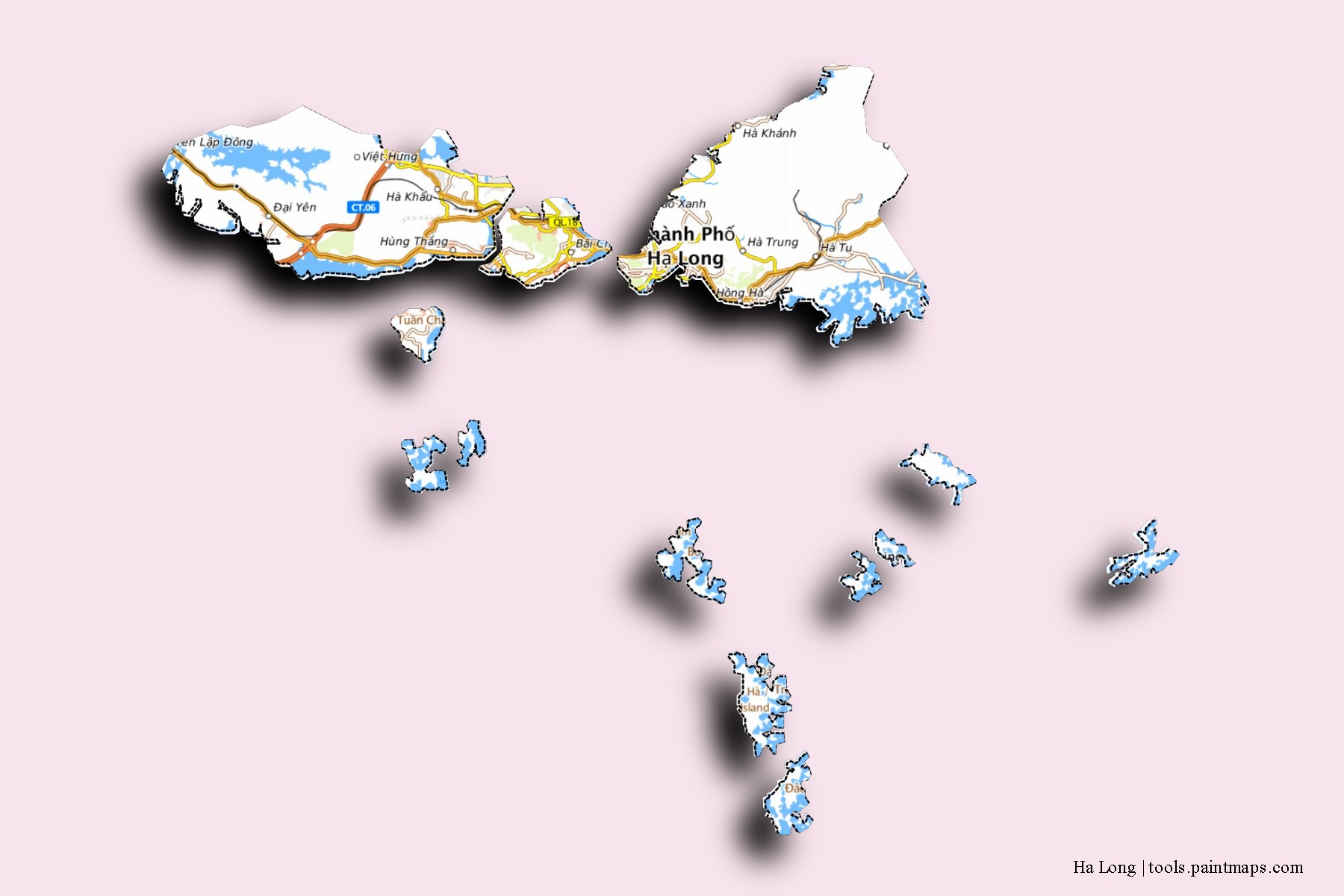 3D gölge efektli Ha Long mahalleleri ve köyleri haritası