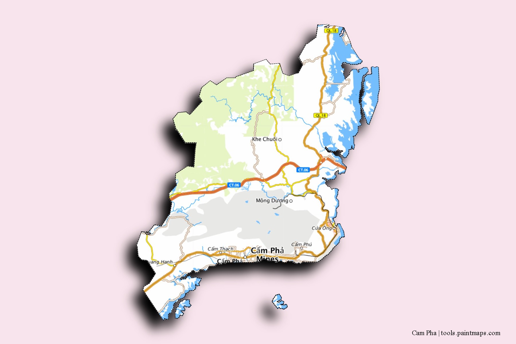 Mapa de barrios y pueblos de Cam Pha con efecto de sombra 3D