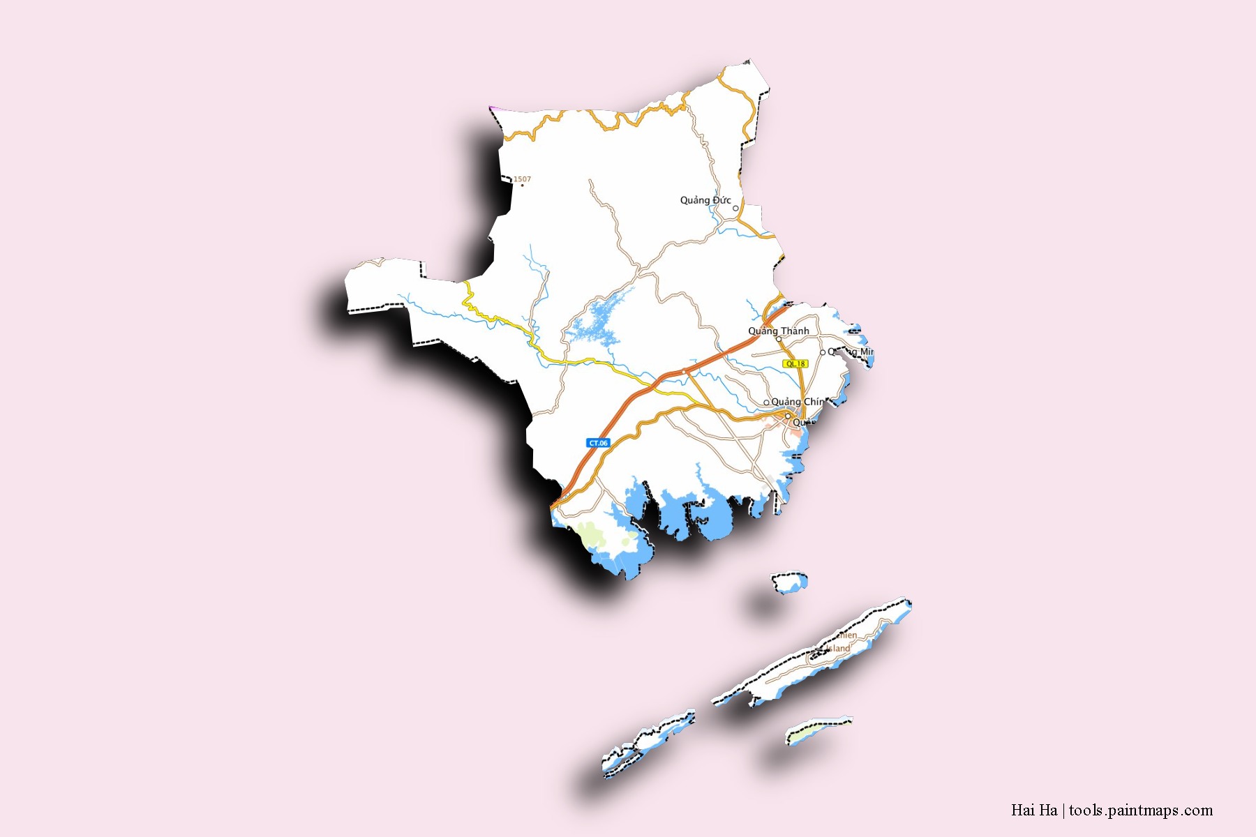 Mapa de barrios y pueblos de Hai Ha con efecto de sombra 3D