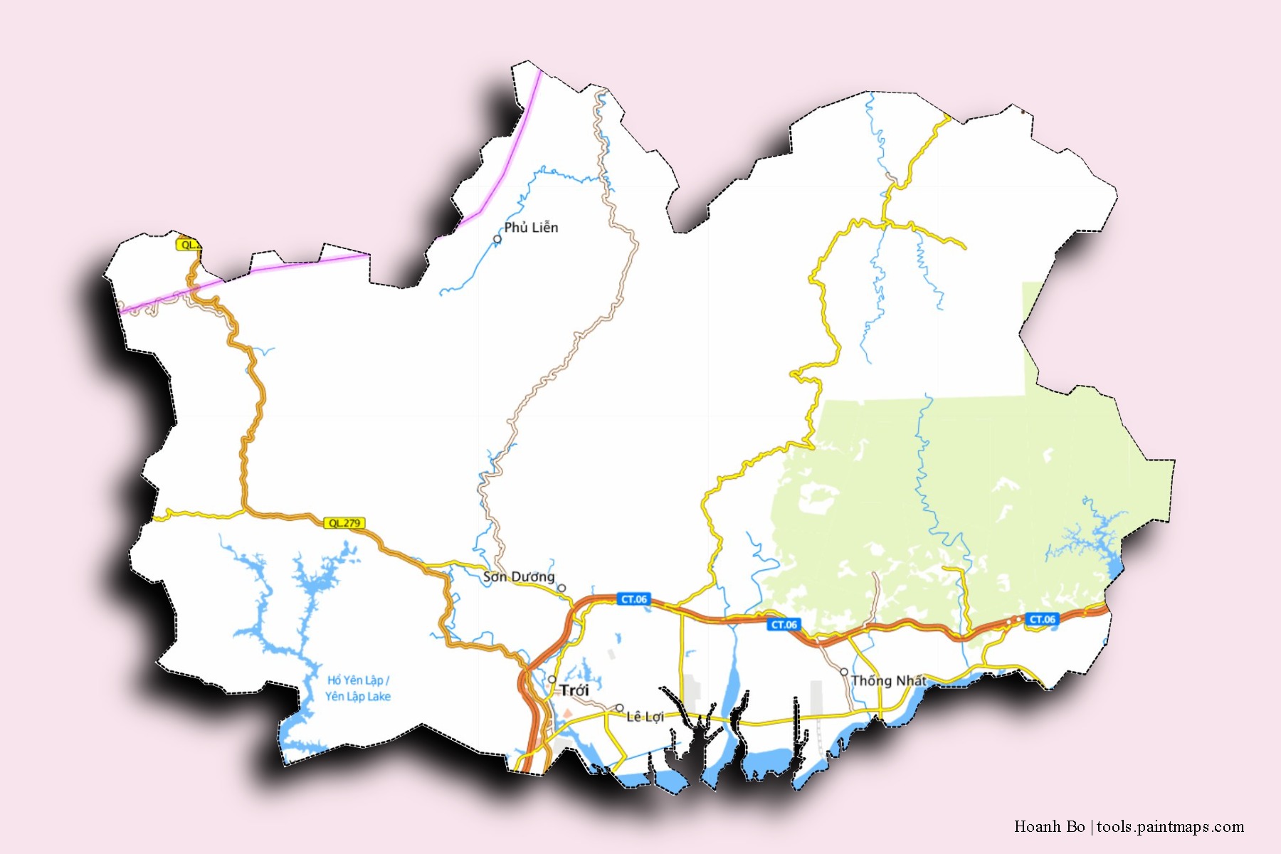 Mapa de barrios y pueblos de Hoanh Bo con efecto de sombra 3D