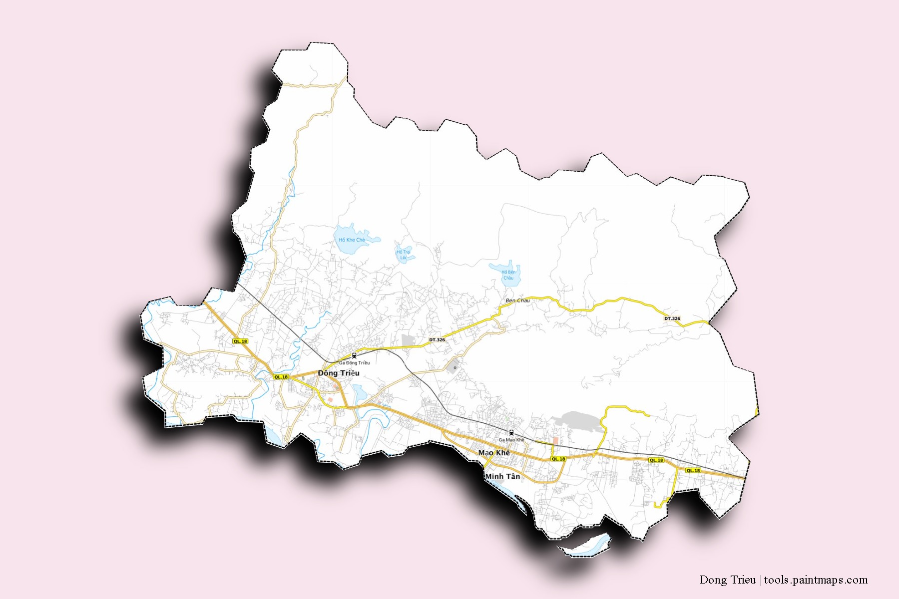 Mapa de barrios y pueblos de Dong Trieu con efecto de sombra 3D