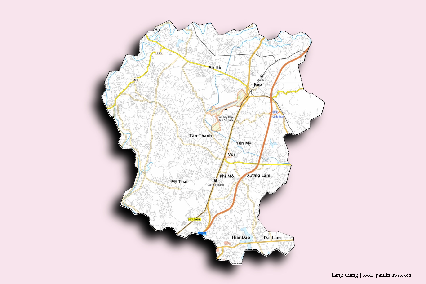 Mapa de barrios y pueblos de Lang Giang con efecto de sombra 3D