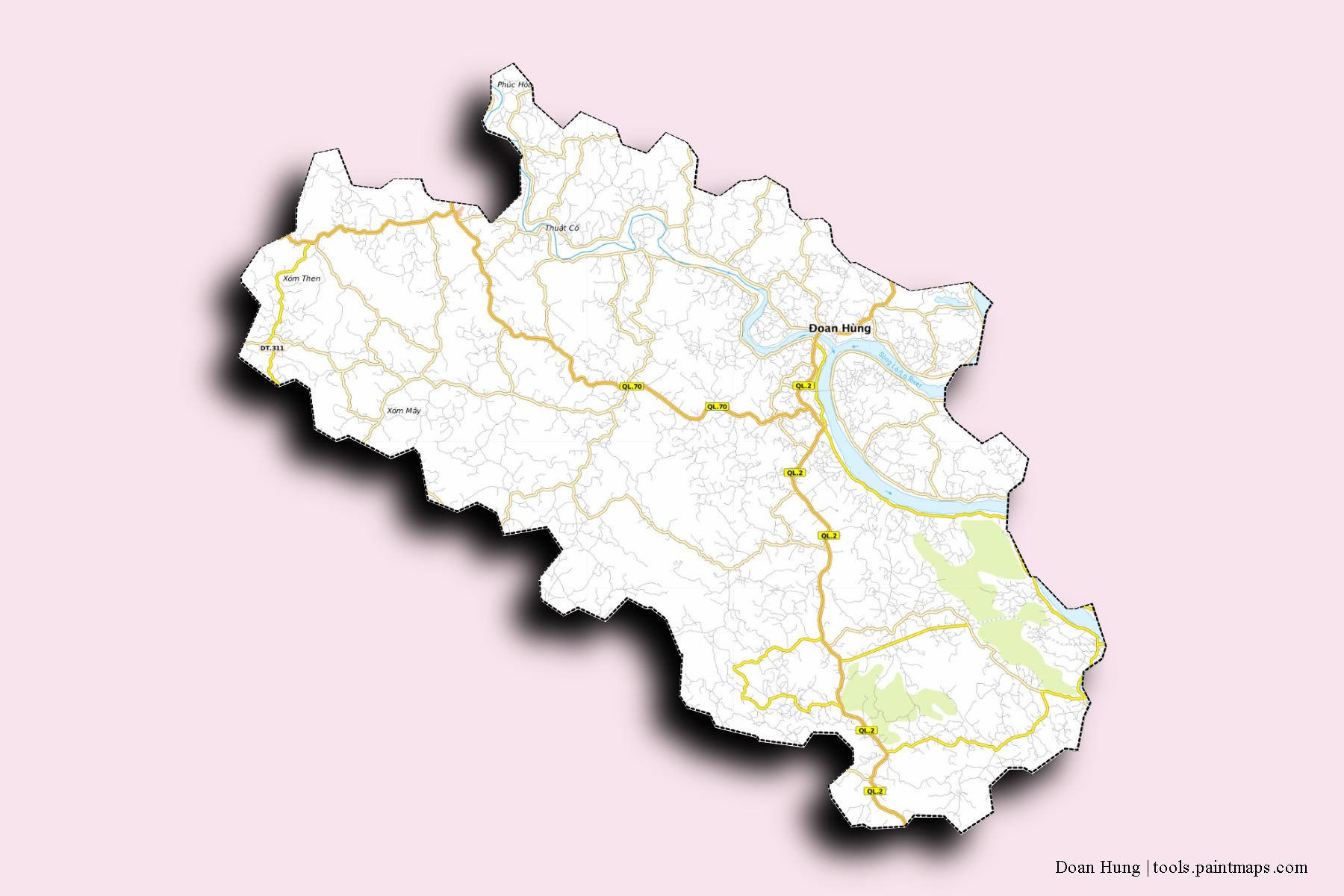 Mapa de barrios y pueblos de Doan Hung con efecto de sombra 3D