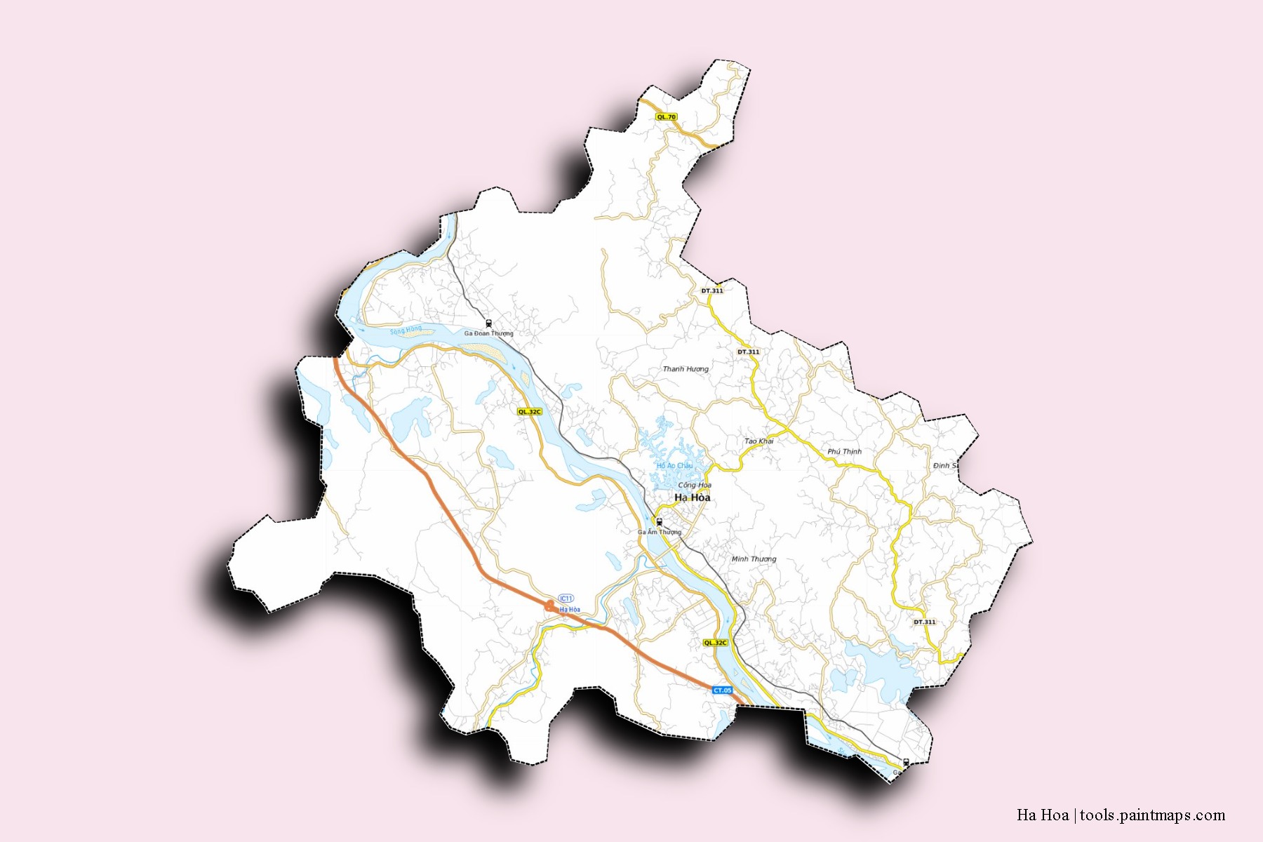 Mapa de barrios y pueblos de Ha Hoa con efecto de sombra 3D