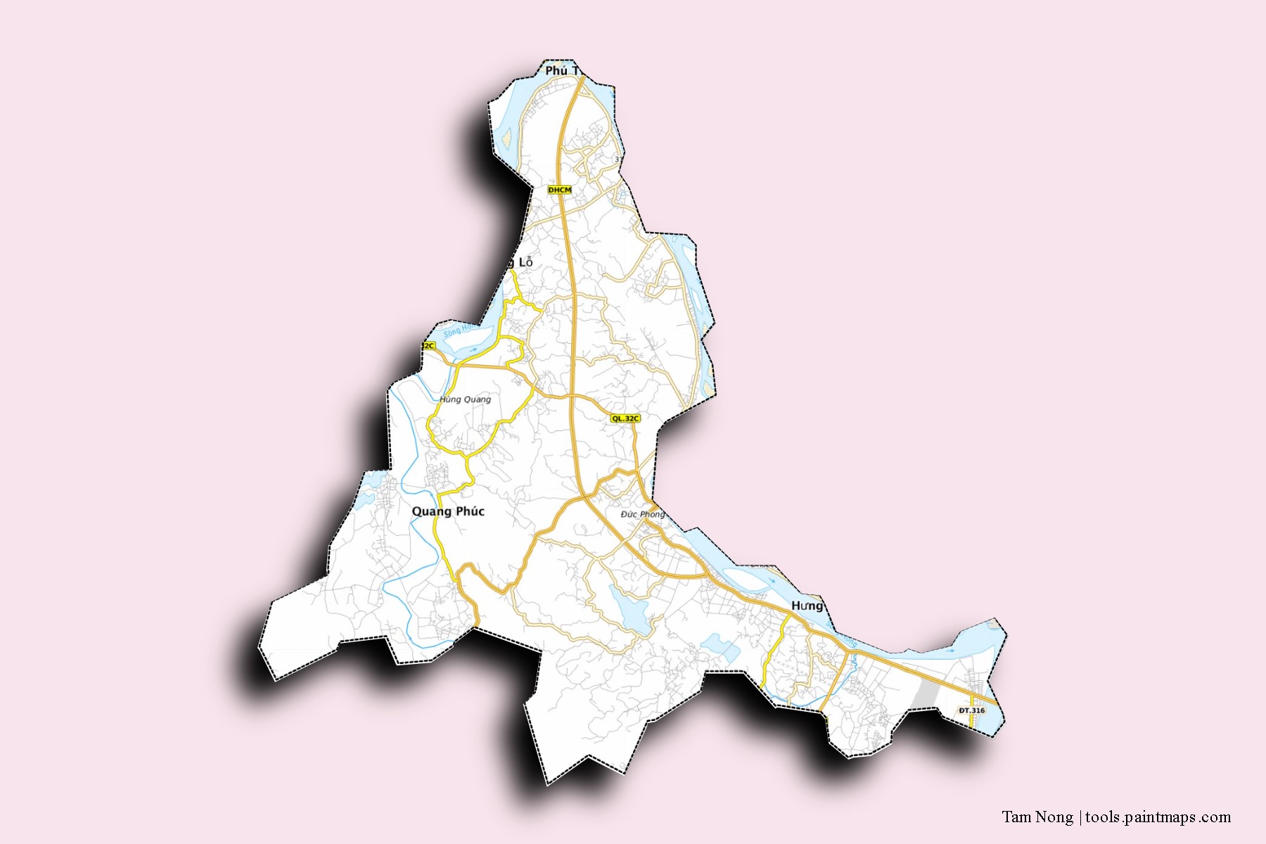 Mapa de barrios y pueblos de Tam Nong con efecto de sombra 3D