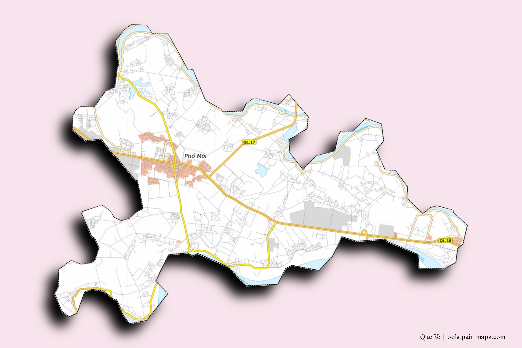 Que Vo neighborhoods and villages map with 3D shadow effect