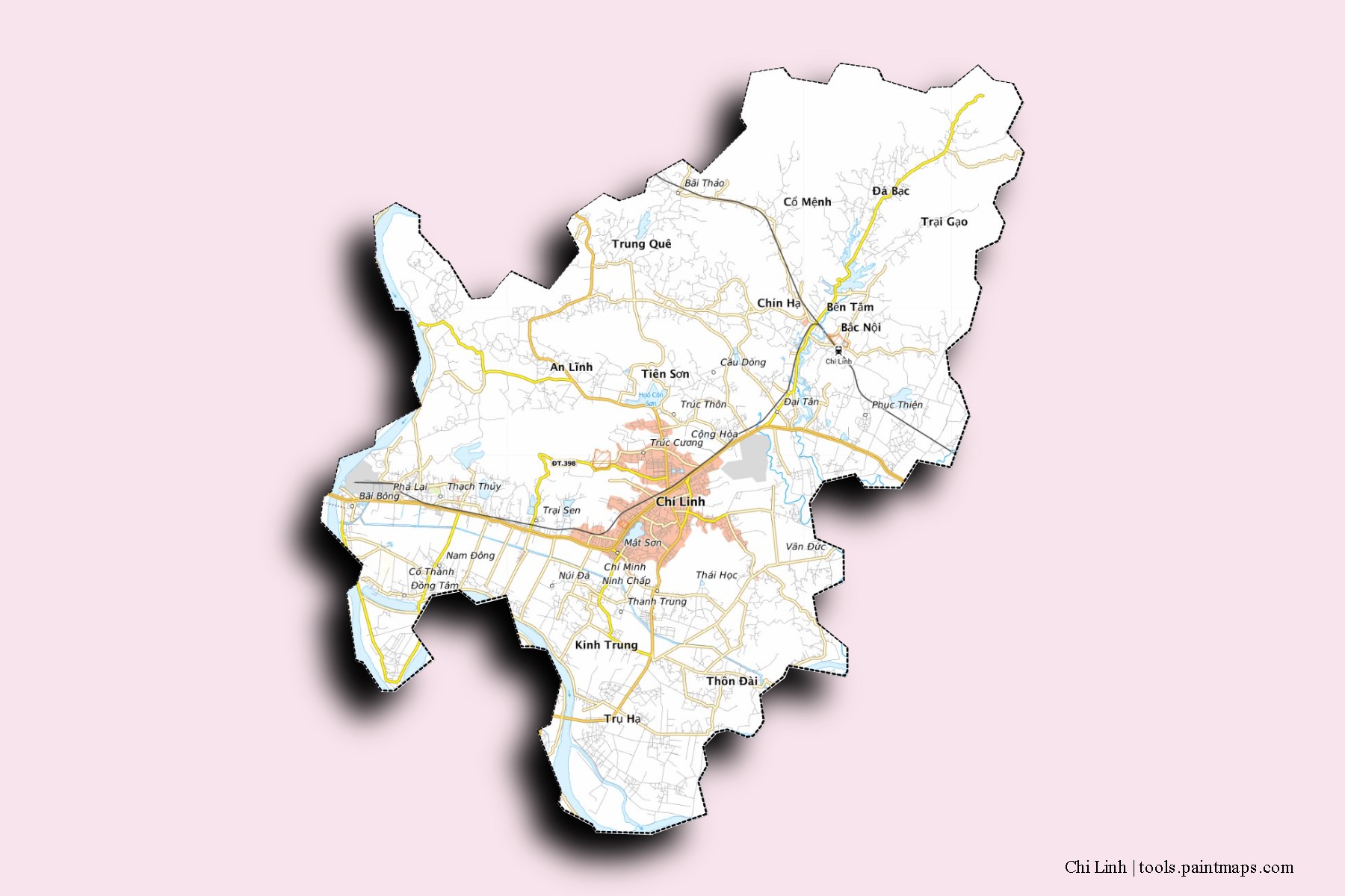 Mapa de barrios y pueblos de Chi Linh con efecto de sombra 3D