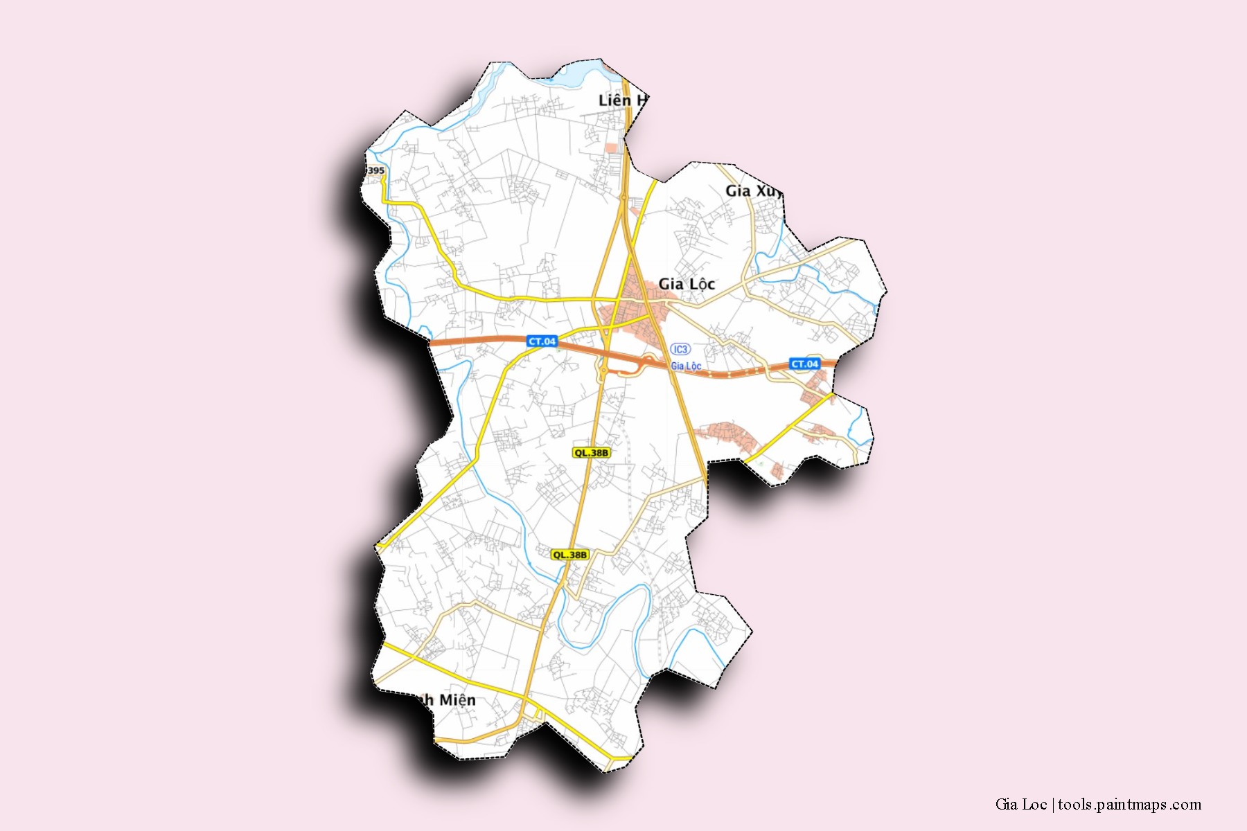 Gia Loc neighborhoods and villages map with 3D shadow effect