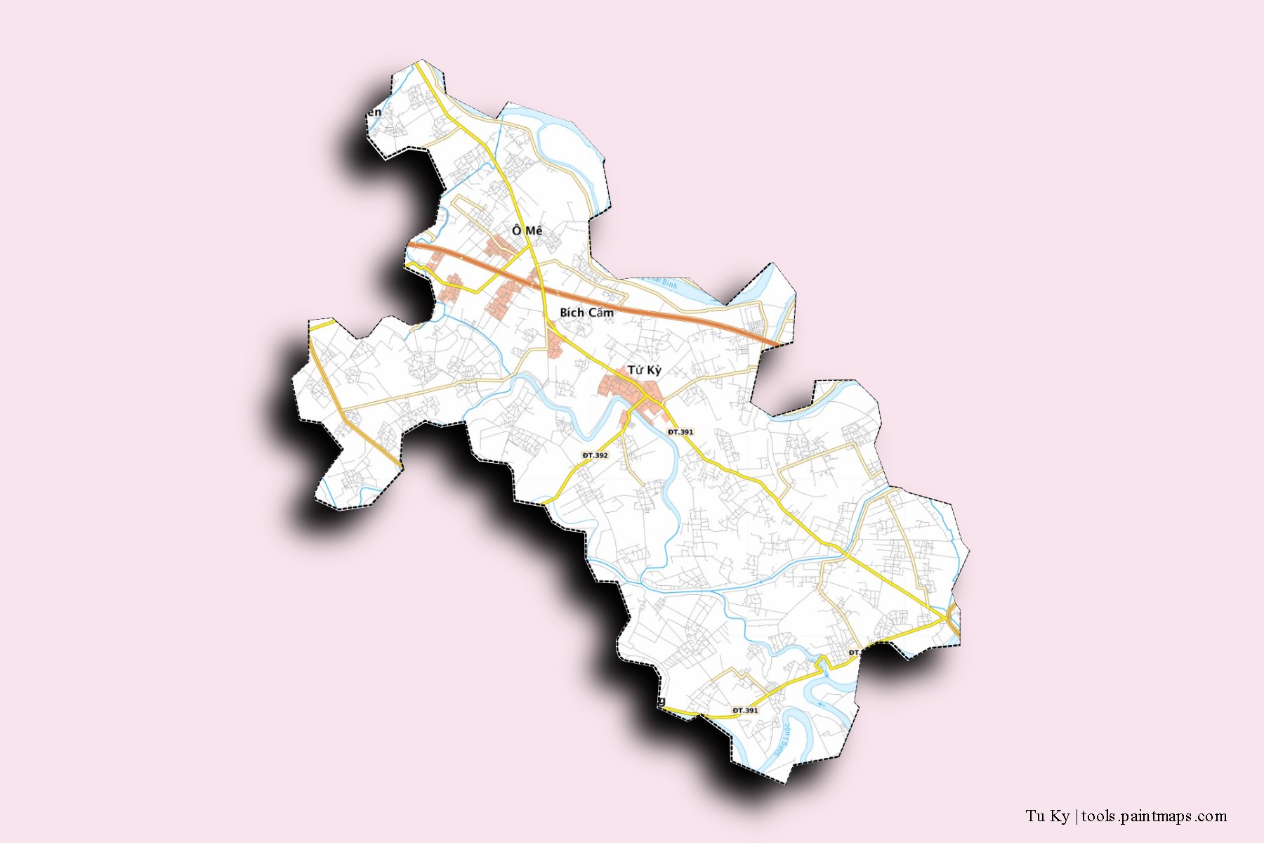 Tu Ky neighborhoods and villages map with 3D shadow effect