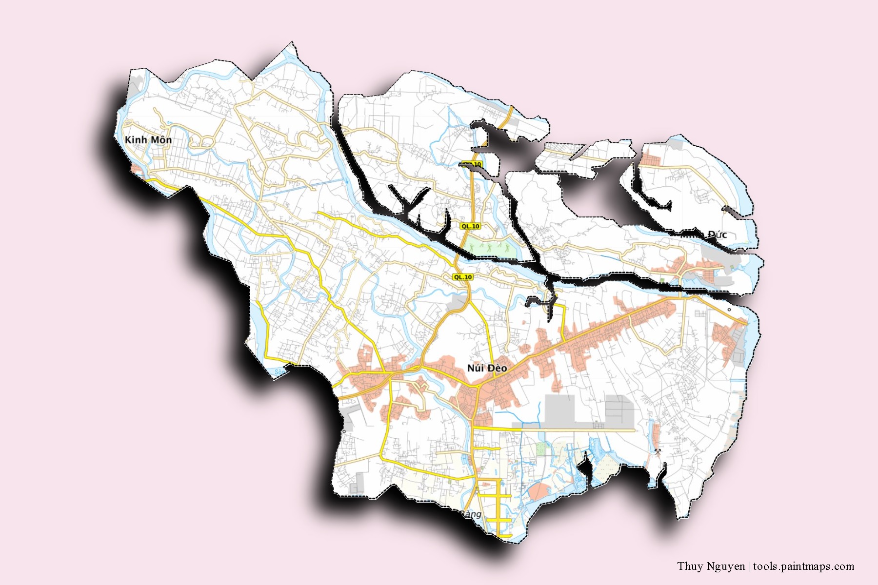 3D gölge efektli Thuy Nguyen mahalleleri ve köyleri haritası