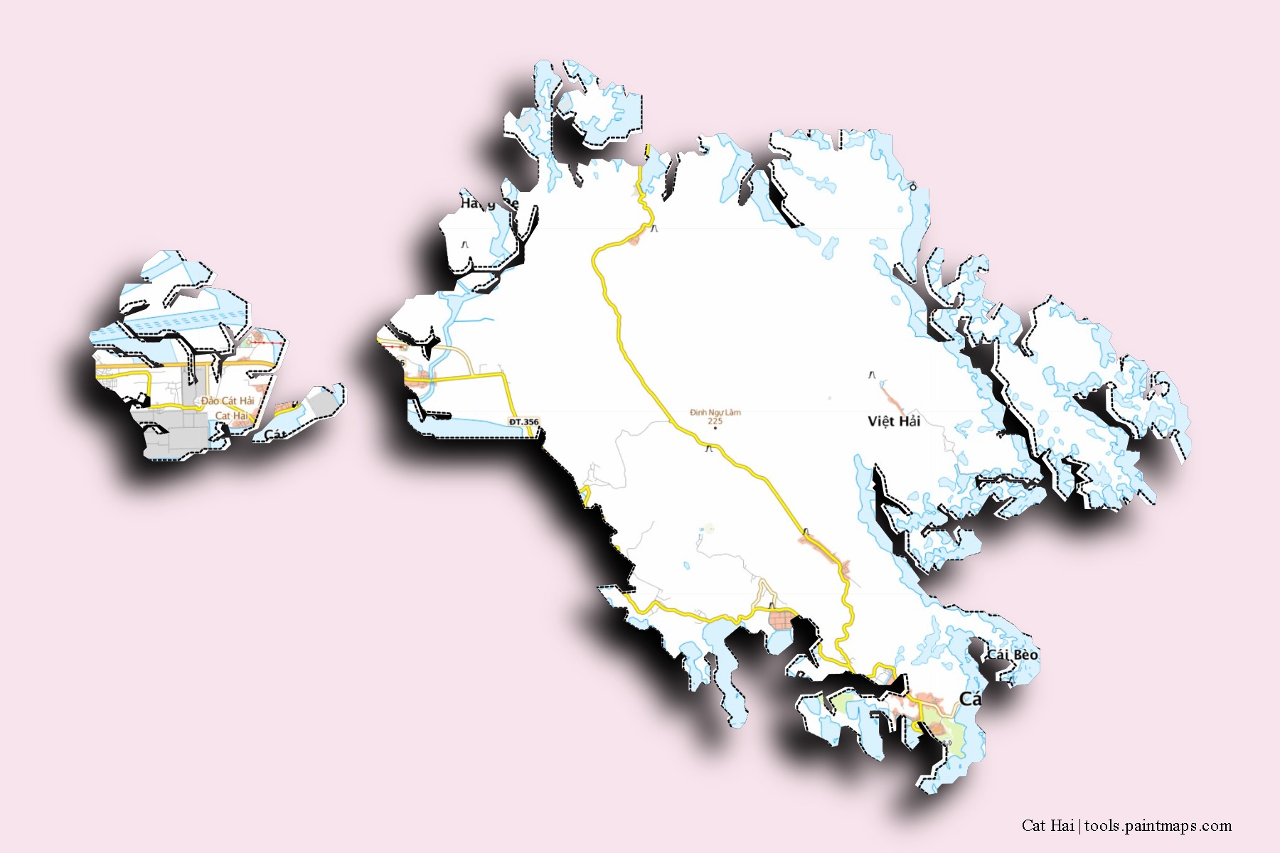 Mapa de barrios y pueblos de Cat Hai con efecto de sombra 3D